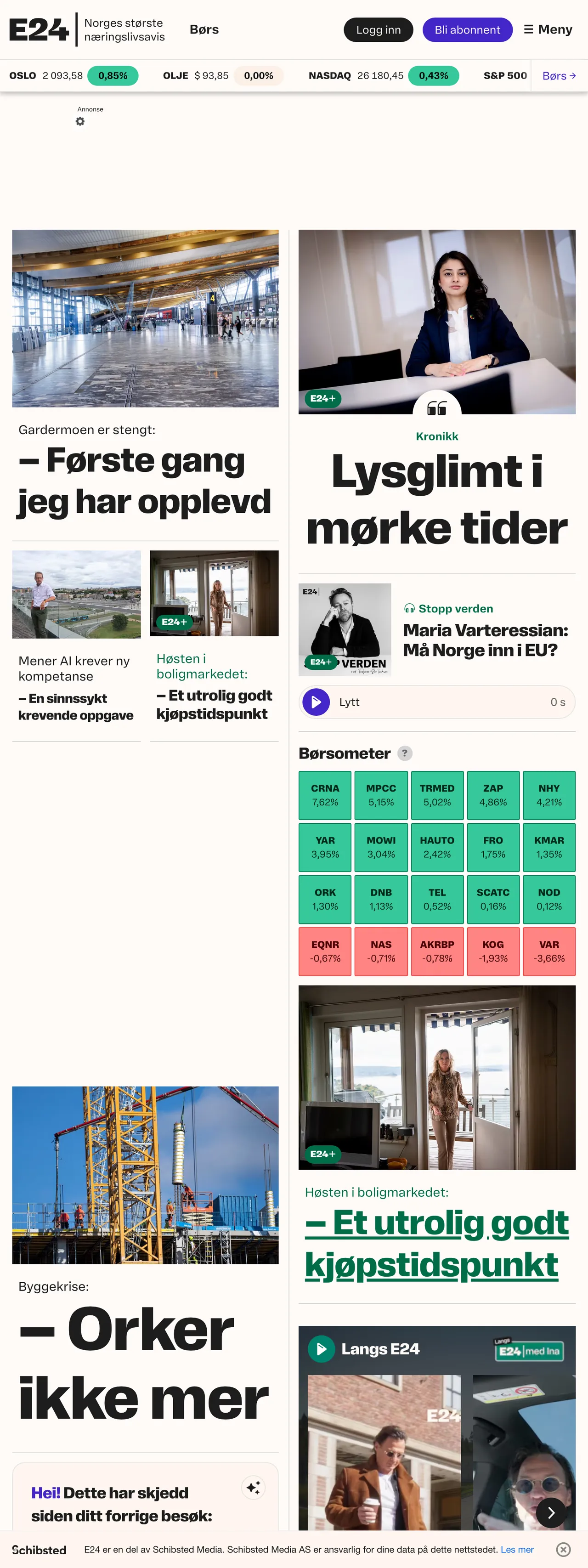 Screenshot of the E24 front page