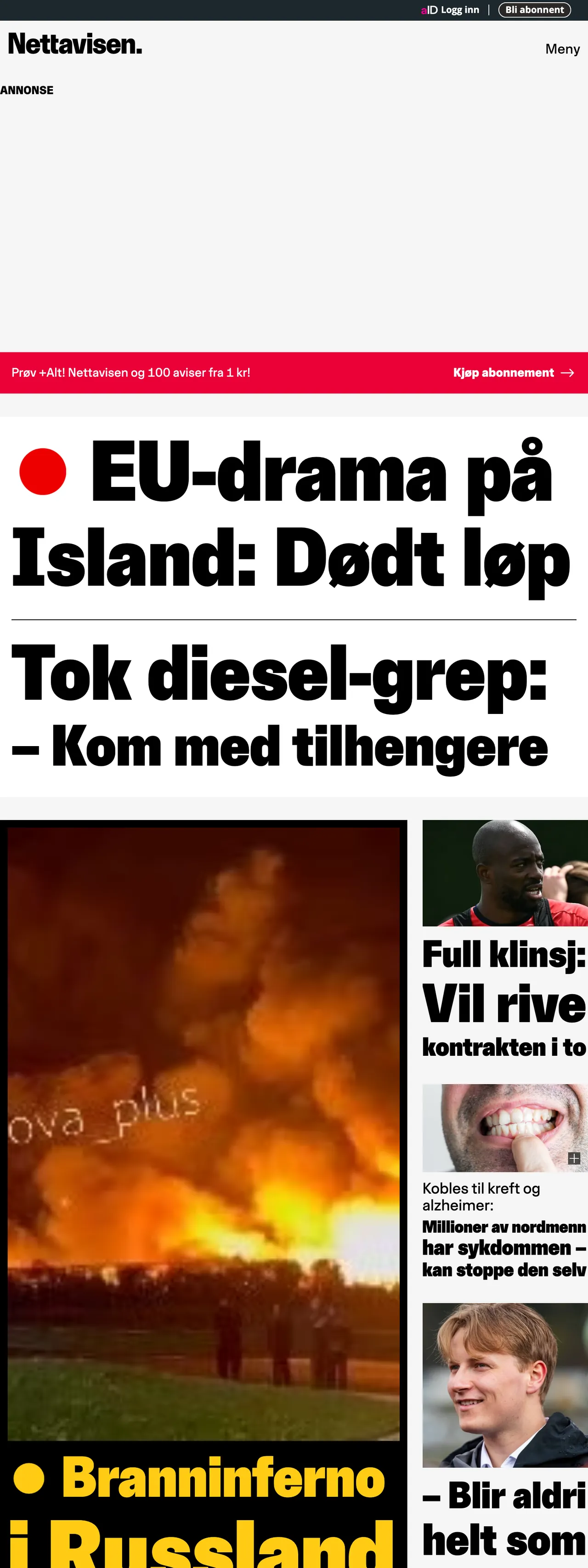 Screenshot of the Nettavisen front page