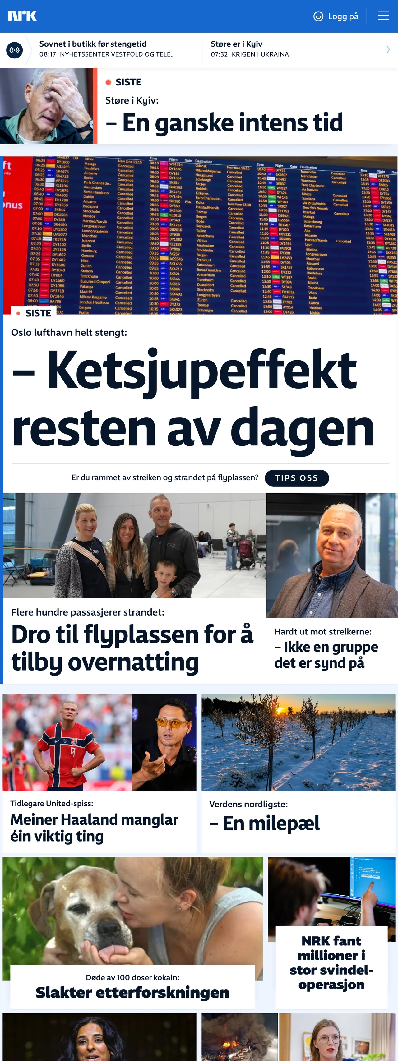 Screenshot of the NRK front page