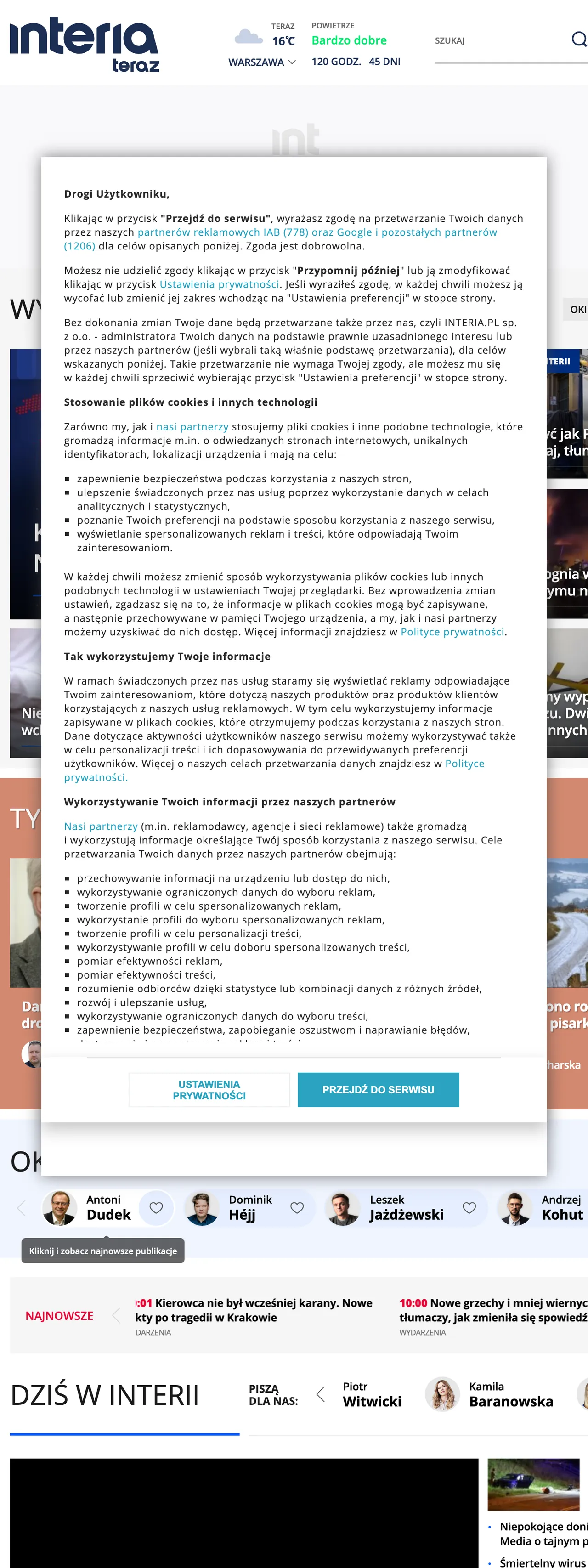 Screenshot of the Interia front page