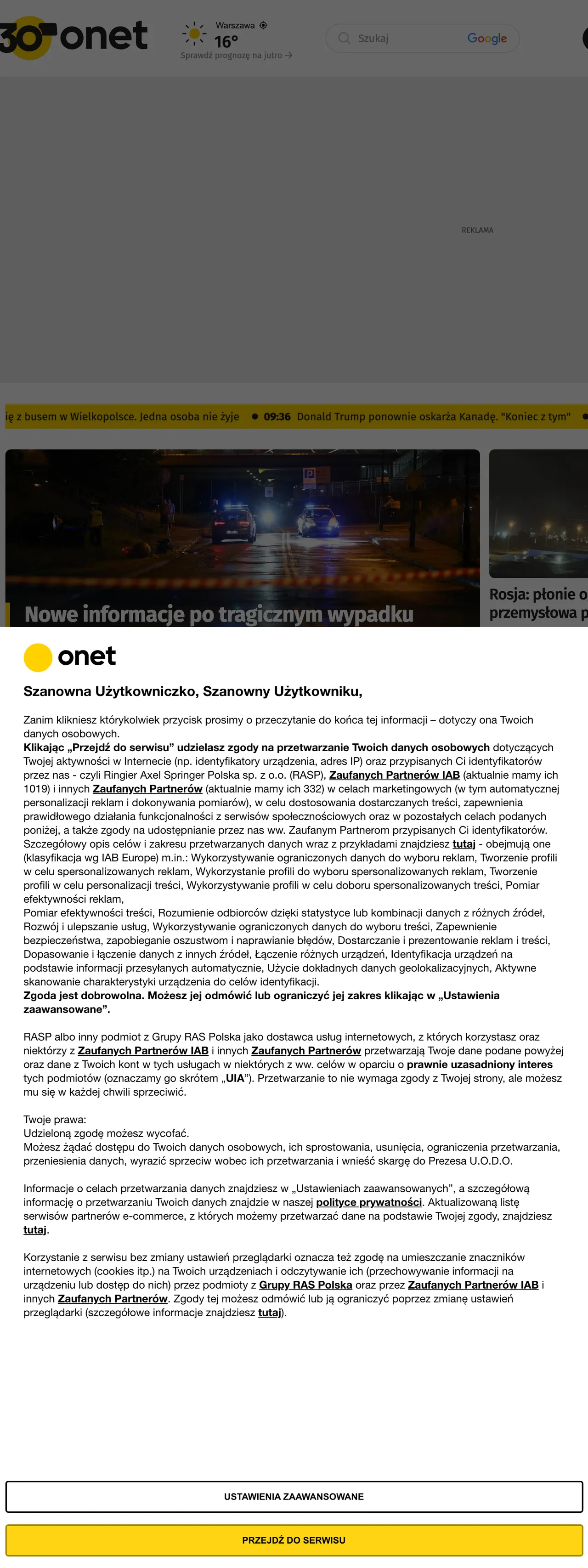 Screenshot of the Onet front page