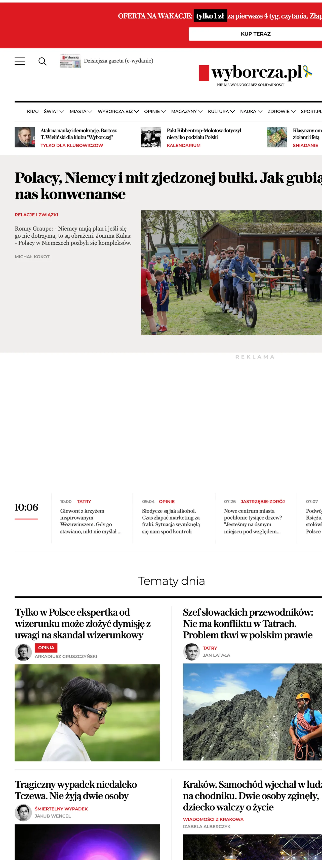 Screenshot of the Wyborcza front page