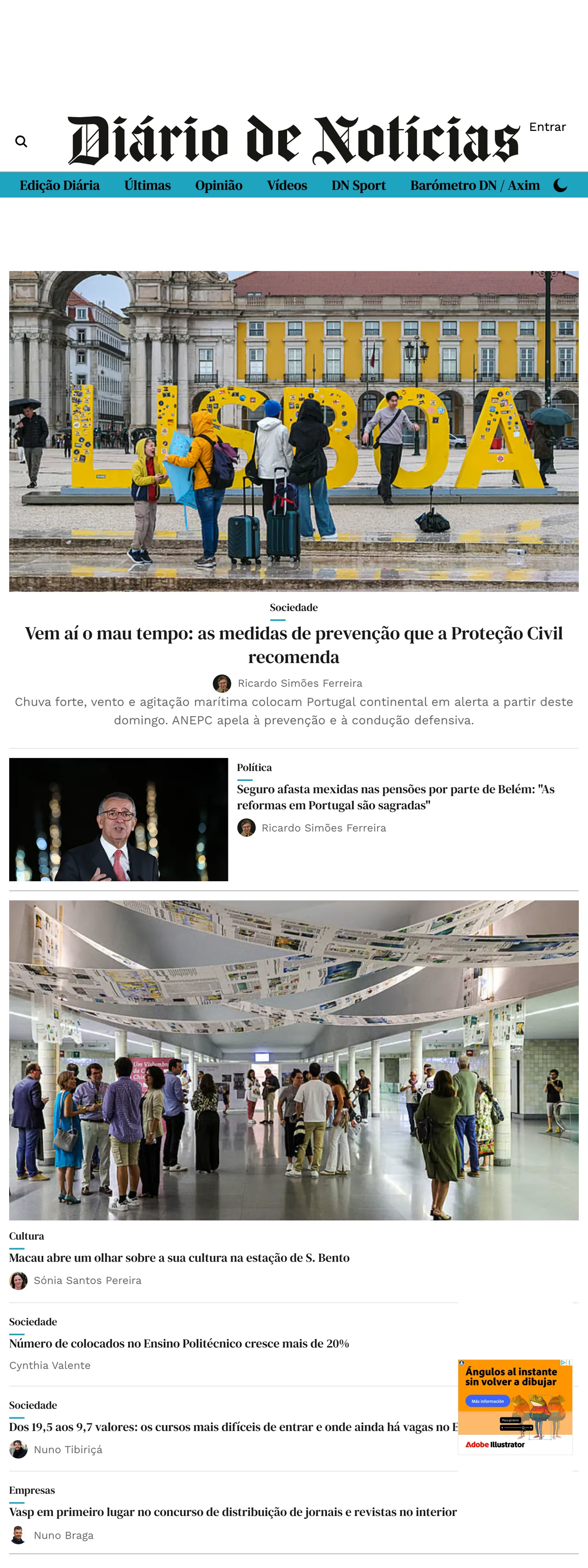 Screenshot of the Diário de Notícias front page