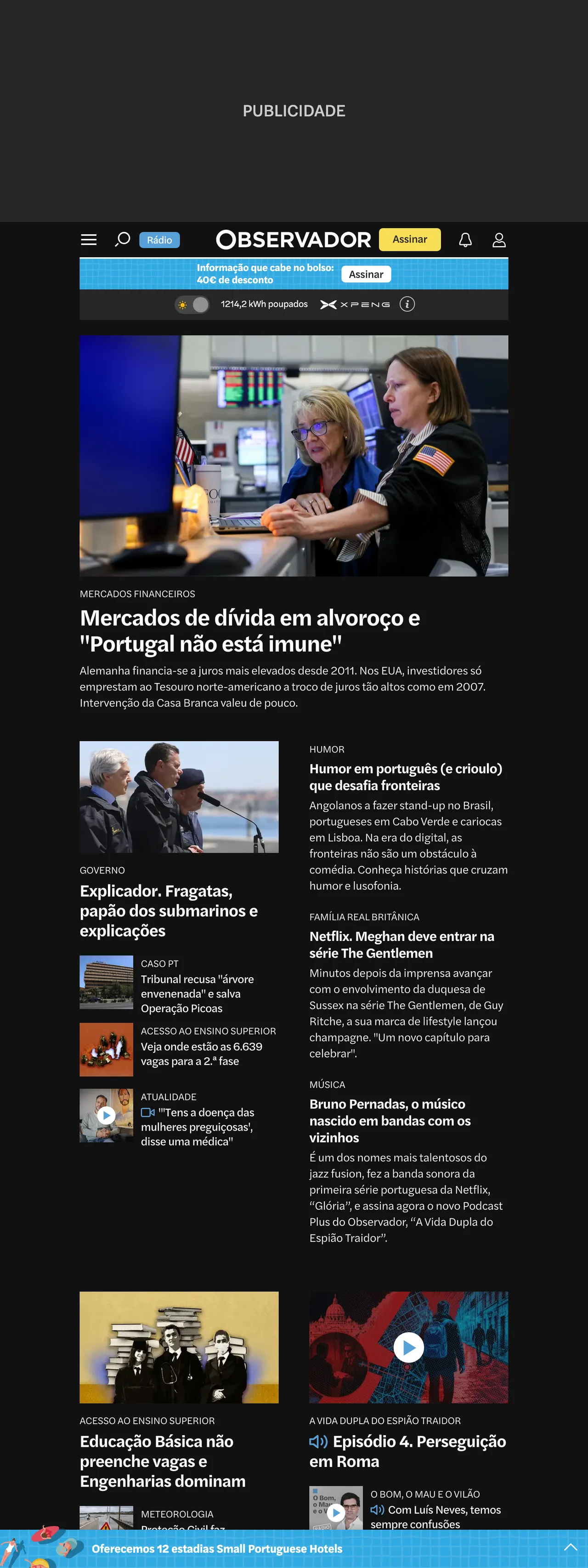 Screenshot of the Observador front page