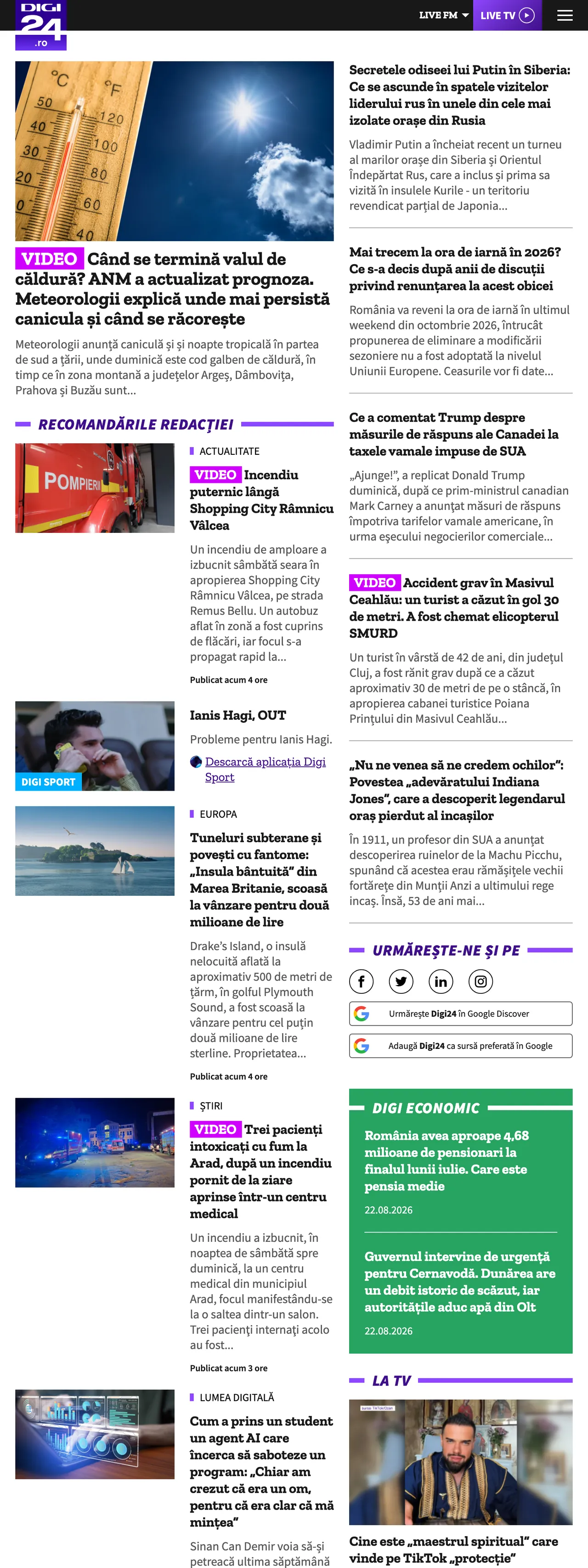 Screenshot of the Digi24 front page