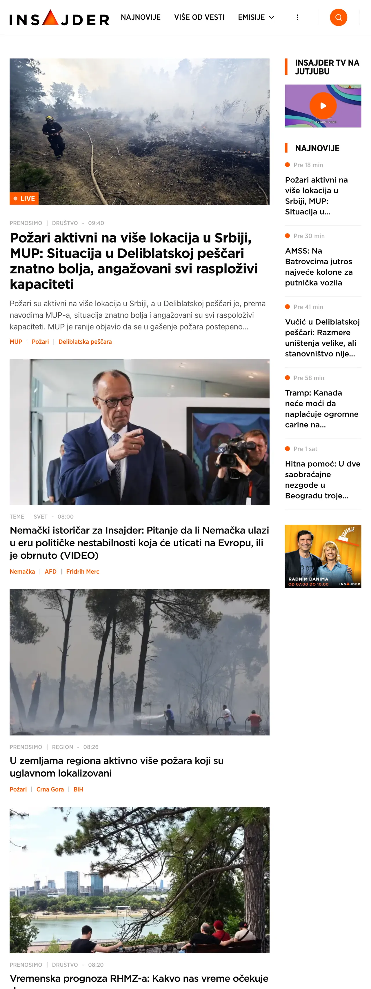Screenshot of the Insajder front page