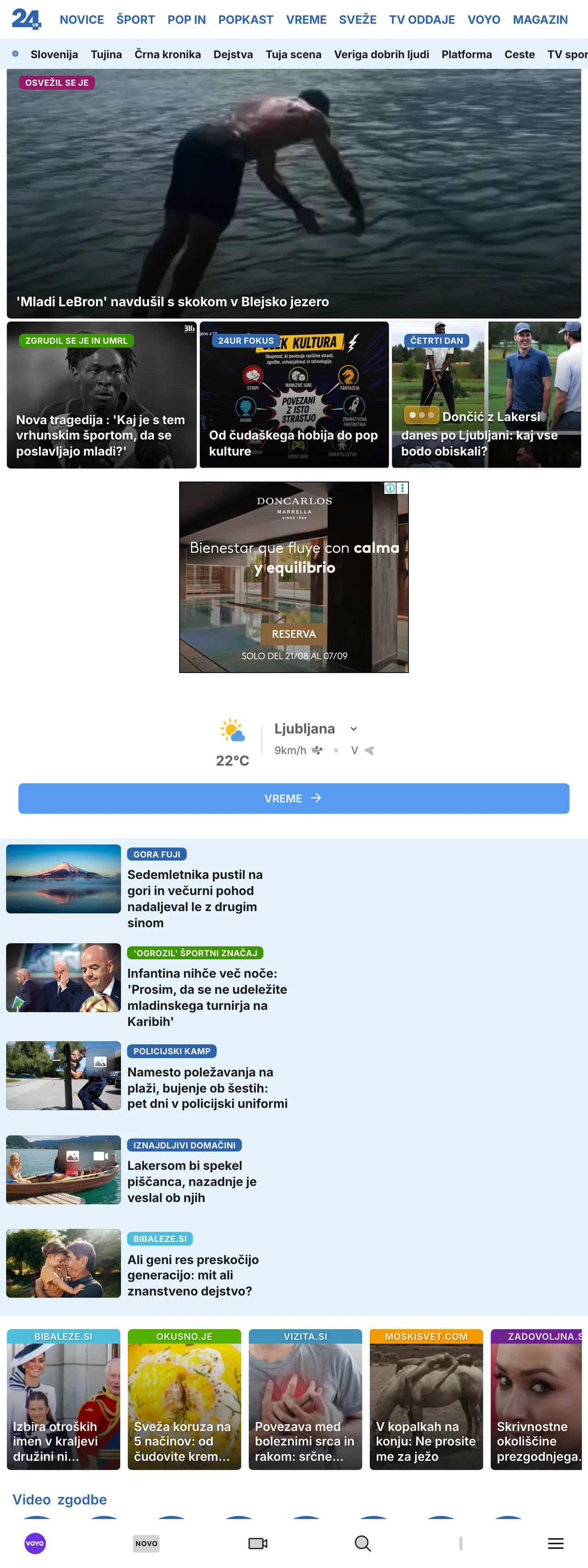 Screenshot of the 24ur front page