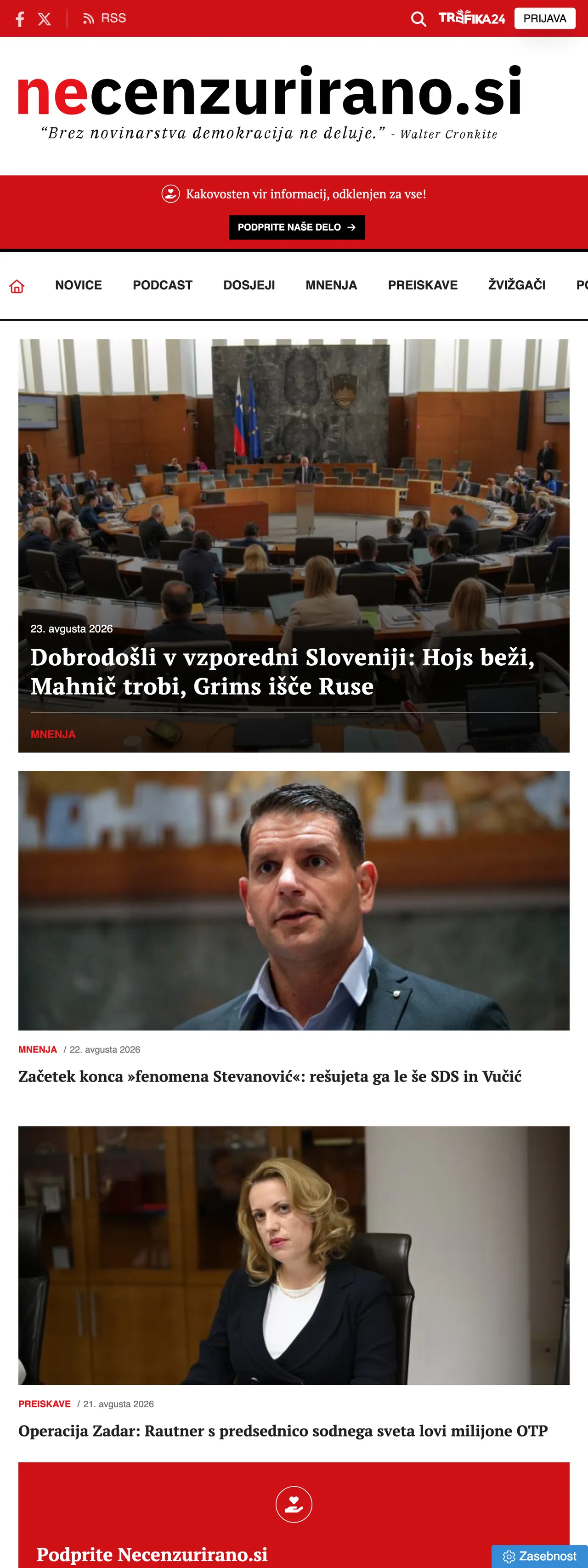 Screenshot of the Necenzurirano front page