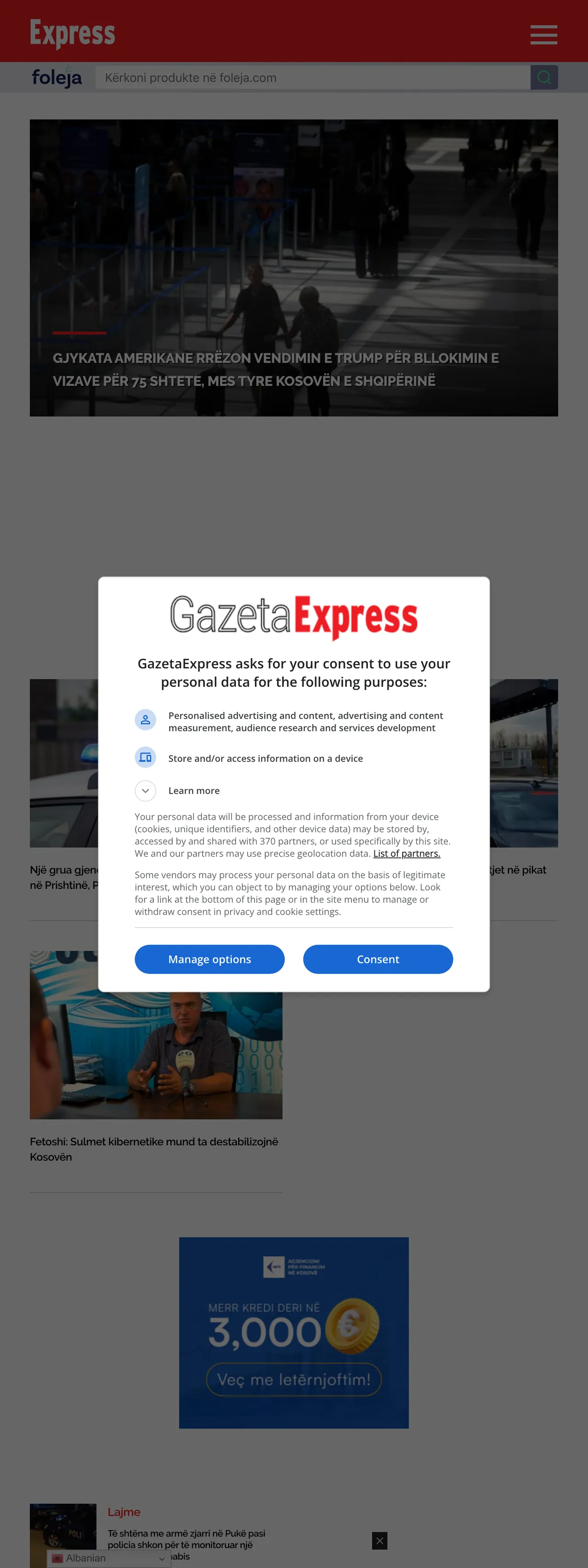 Screenshot of the Gazeta Express front page