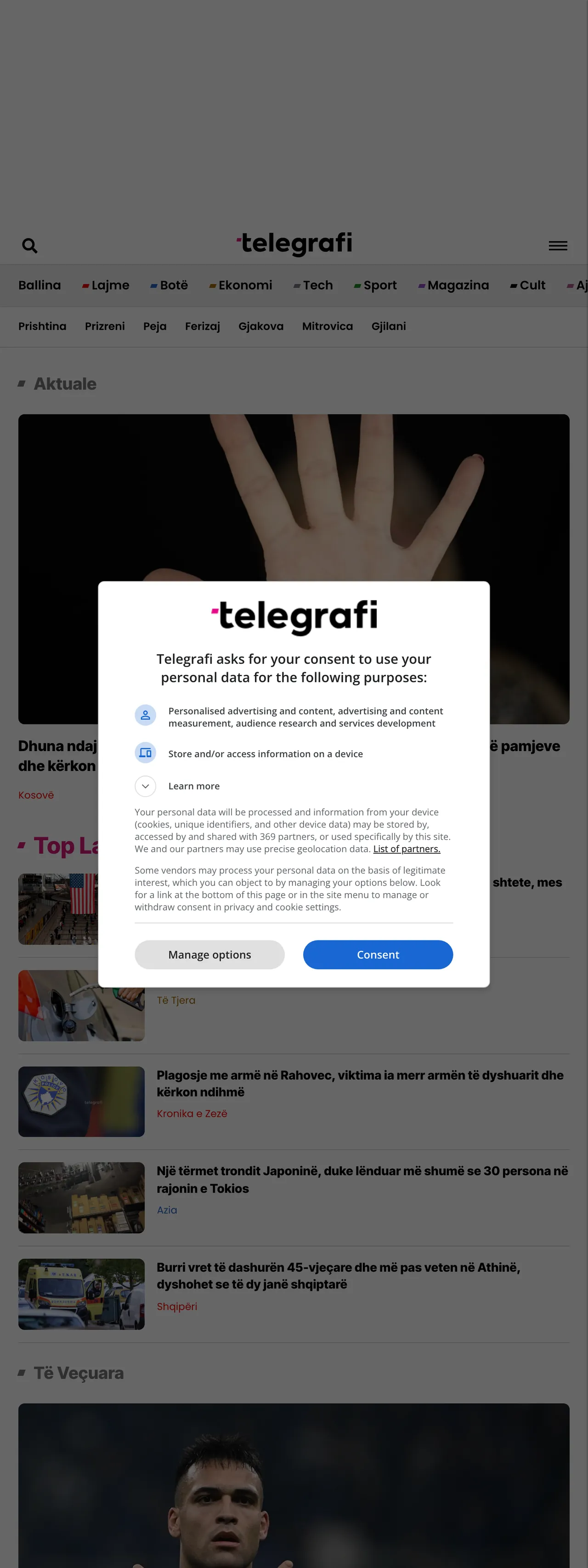 Screenshot of the Telegrafi front page