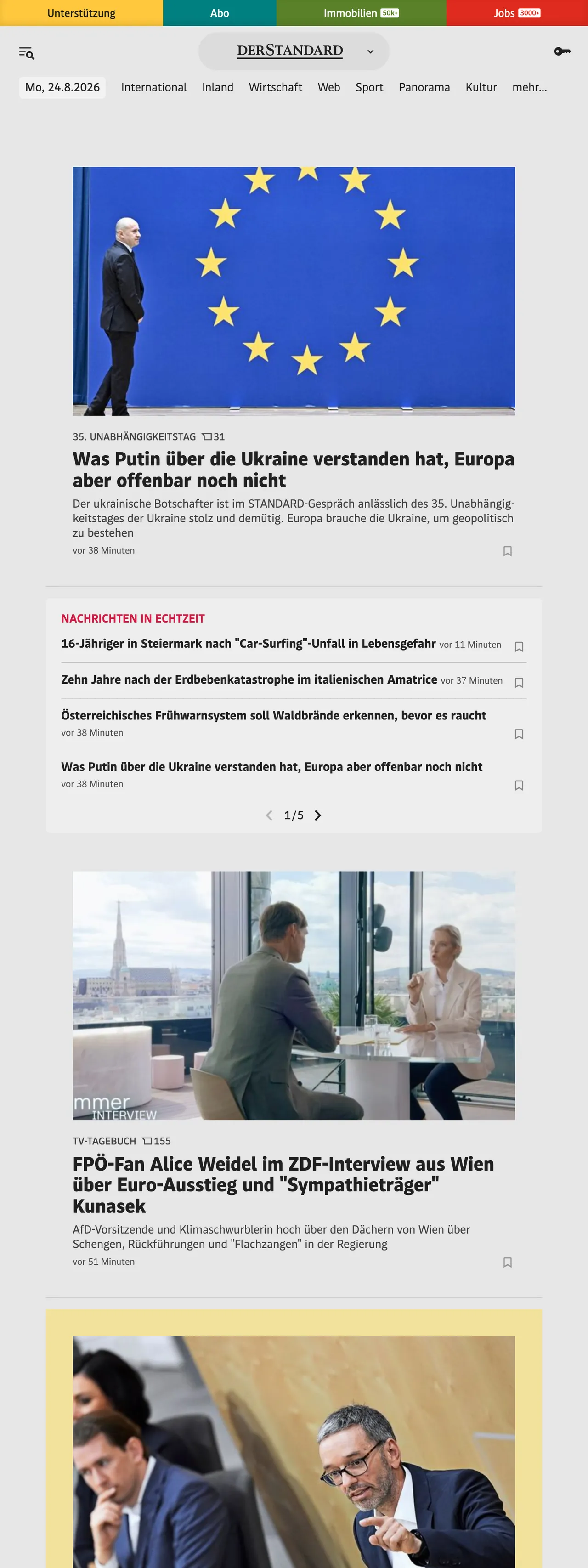 Screenshot of the DER STANDARD front page