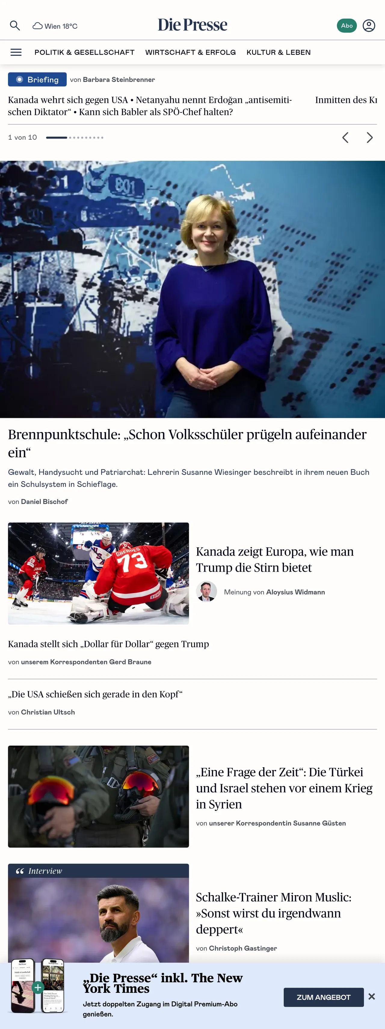 Screenshot of the Die Presse front page