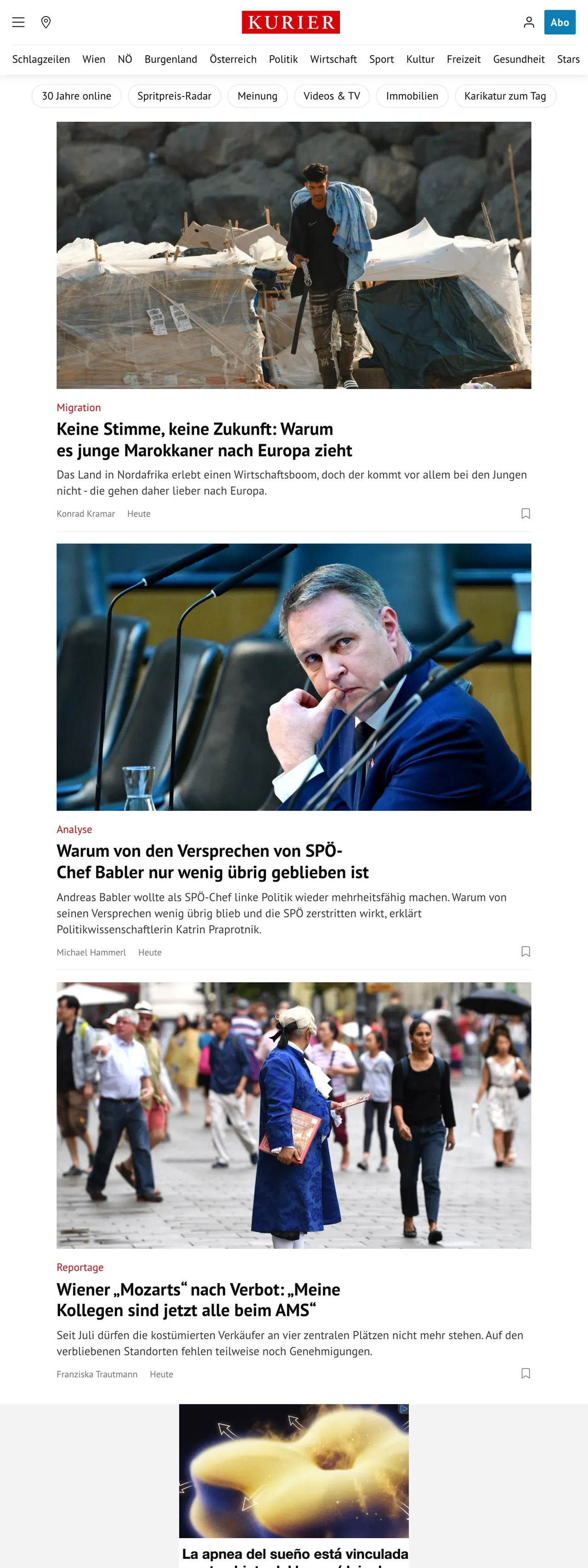 Screenshot of the Kurier front page