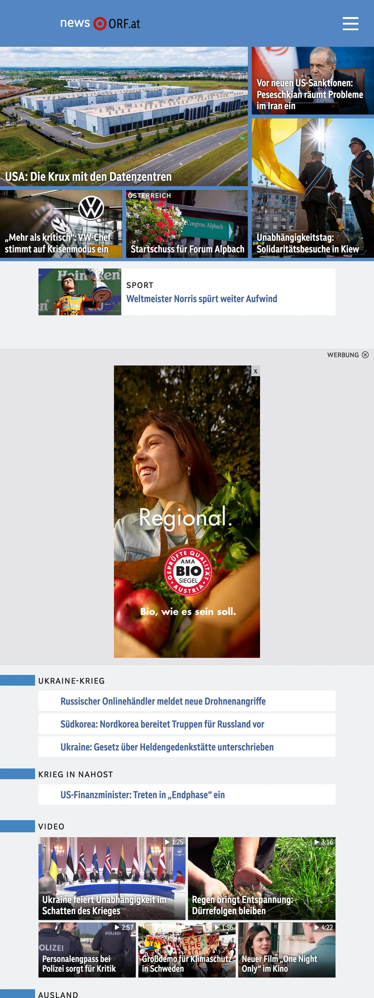 Screenshot of the ORF front page