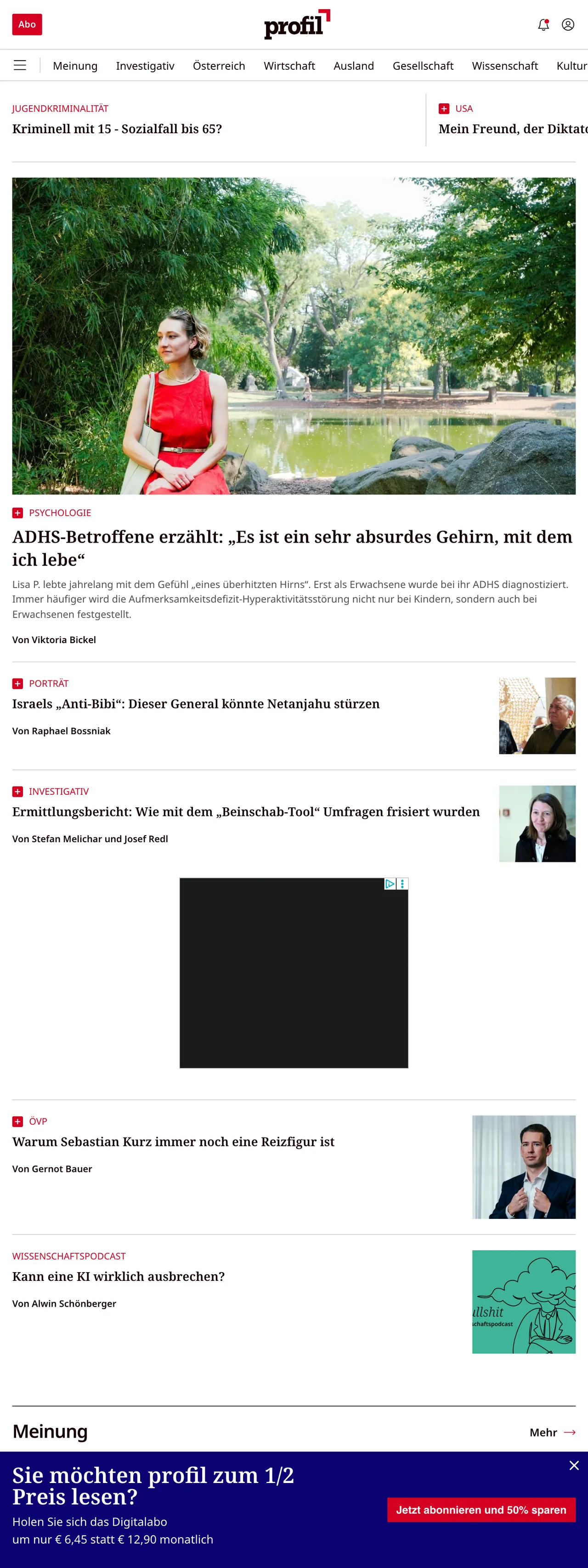 Screenshot of the profil front page