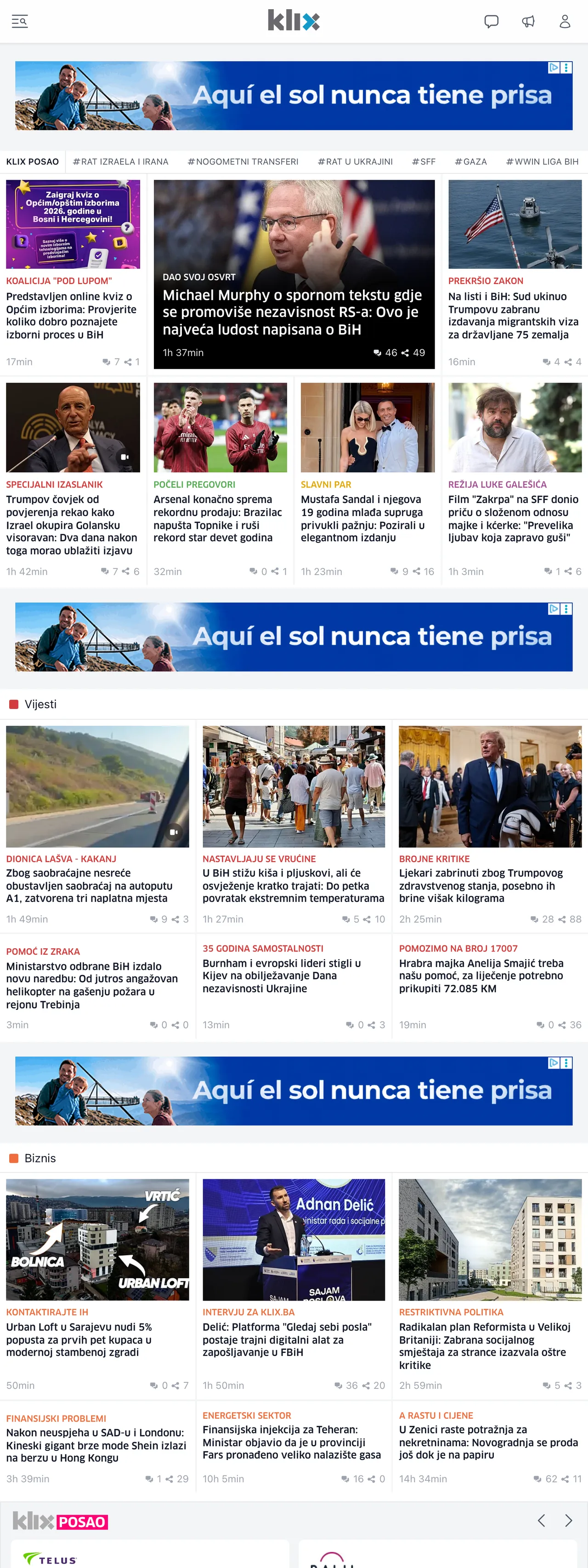 Screenshot of the Klix.ba front page