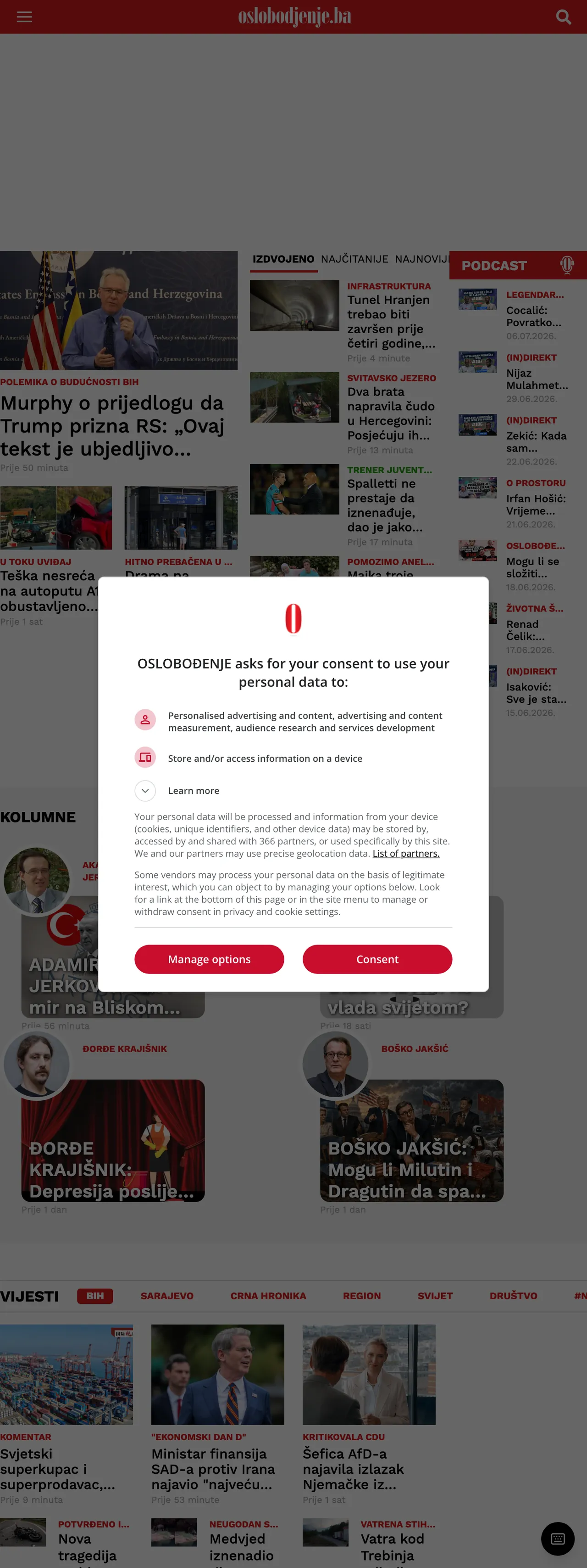Screenshot of the Oslobođenje front page