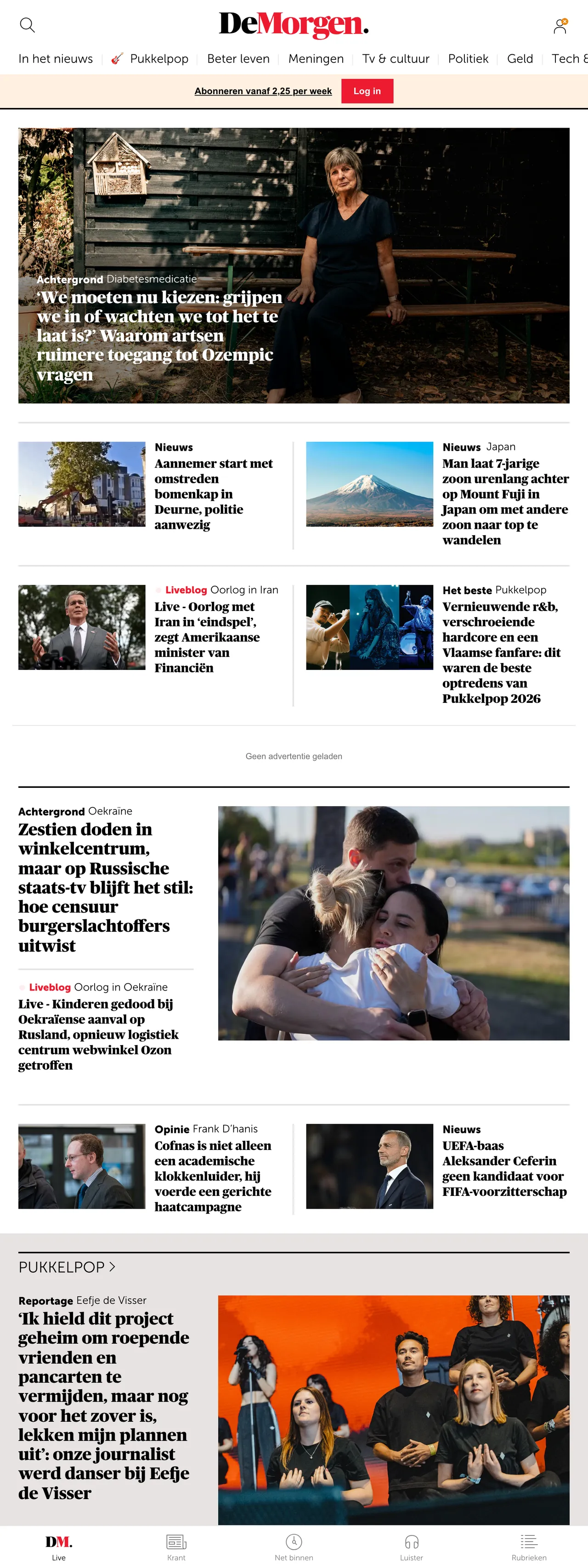 Screenshot of the De Morgen front page