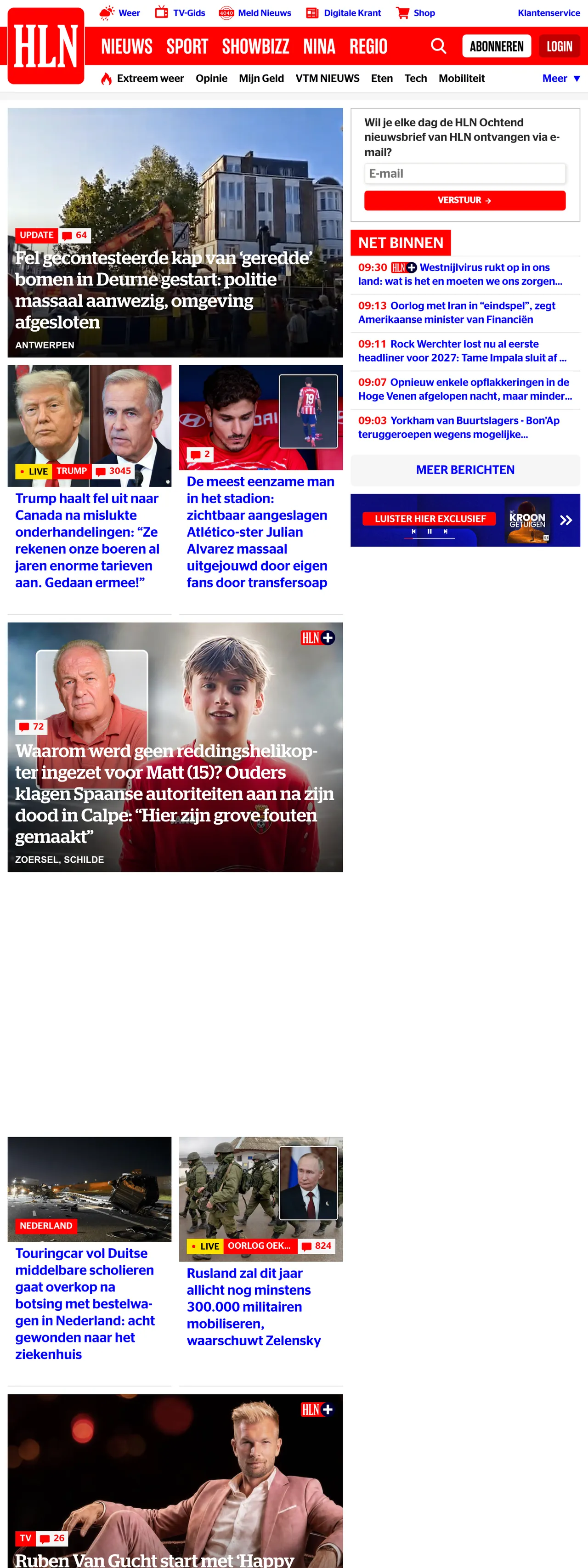 Screenshot of the HLN front page