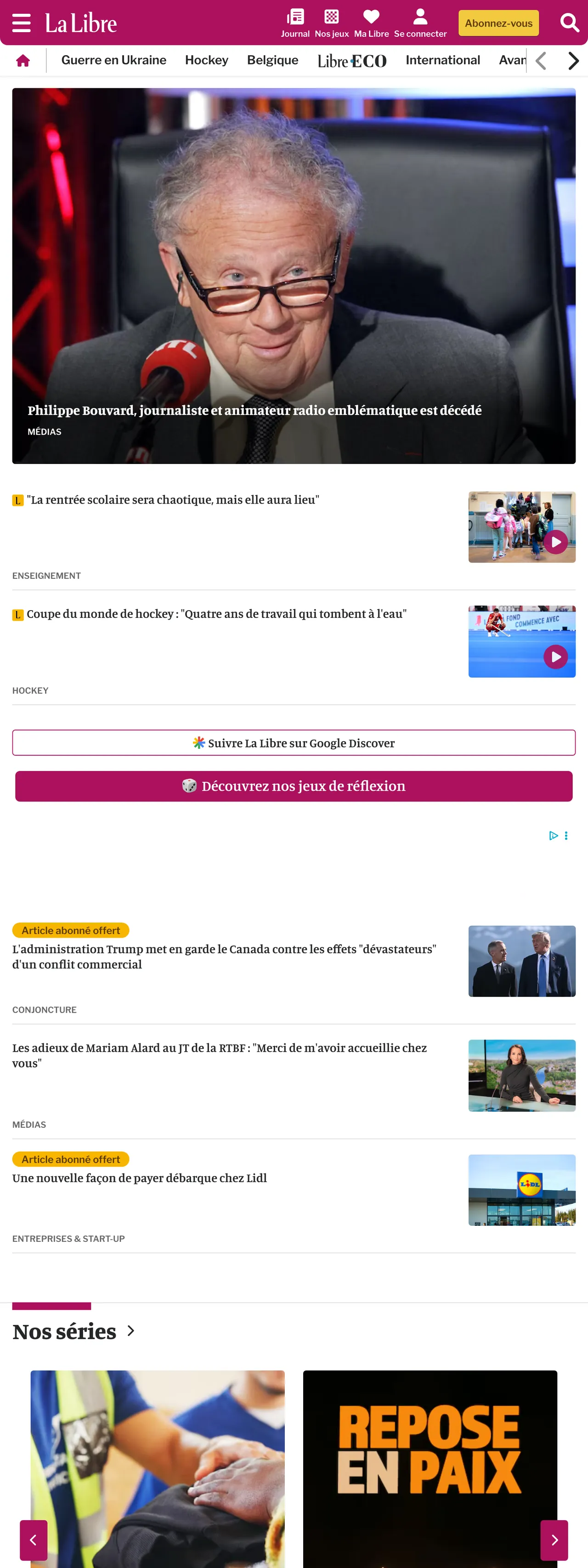 Screenshot of the La Libre front page