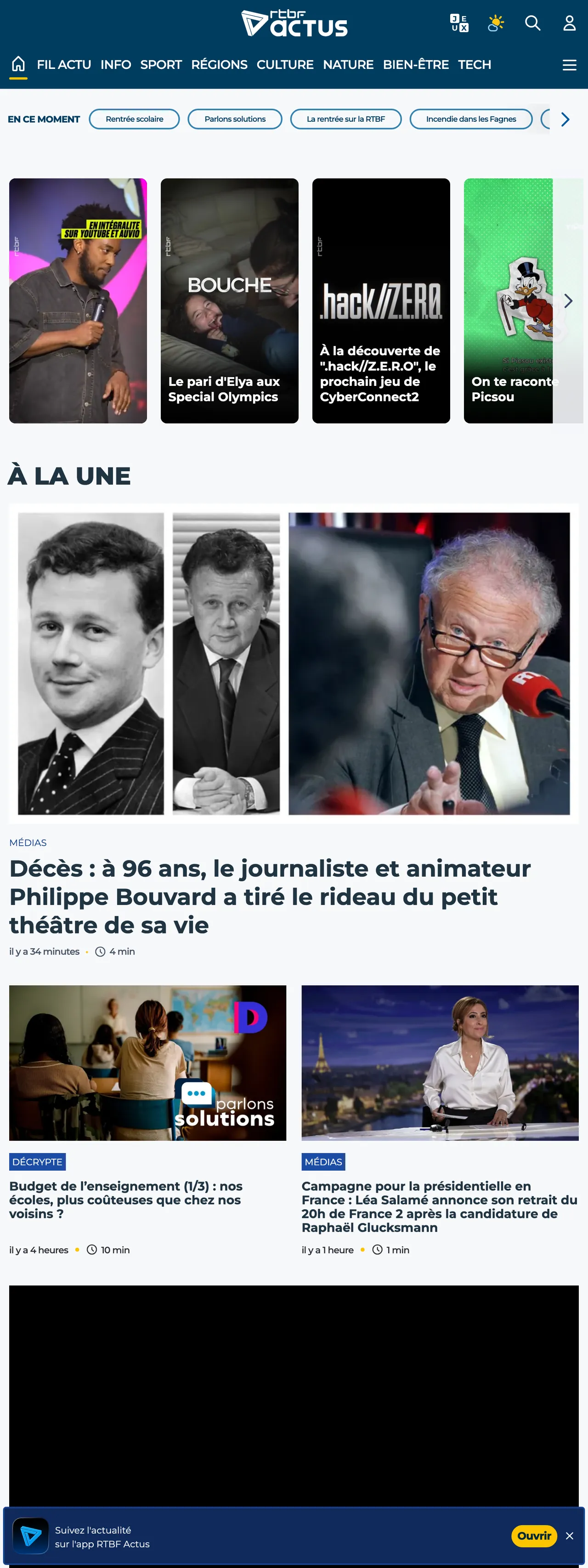 Screenshot of the RTBF front page