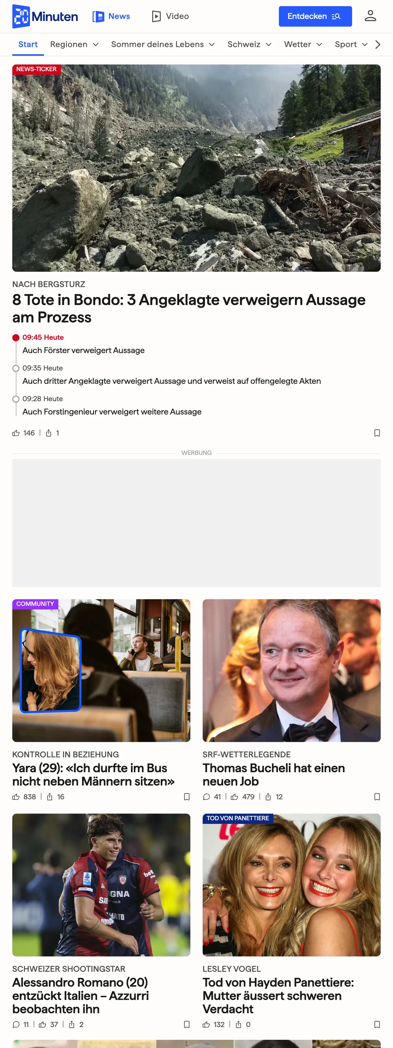 Screenshot of the 20 Minuten front page