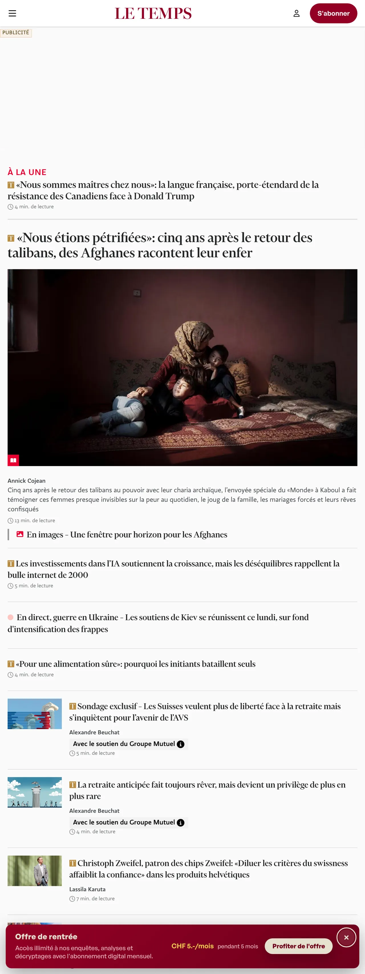 Screenshot of the Le Temps front page