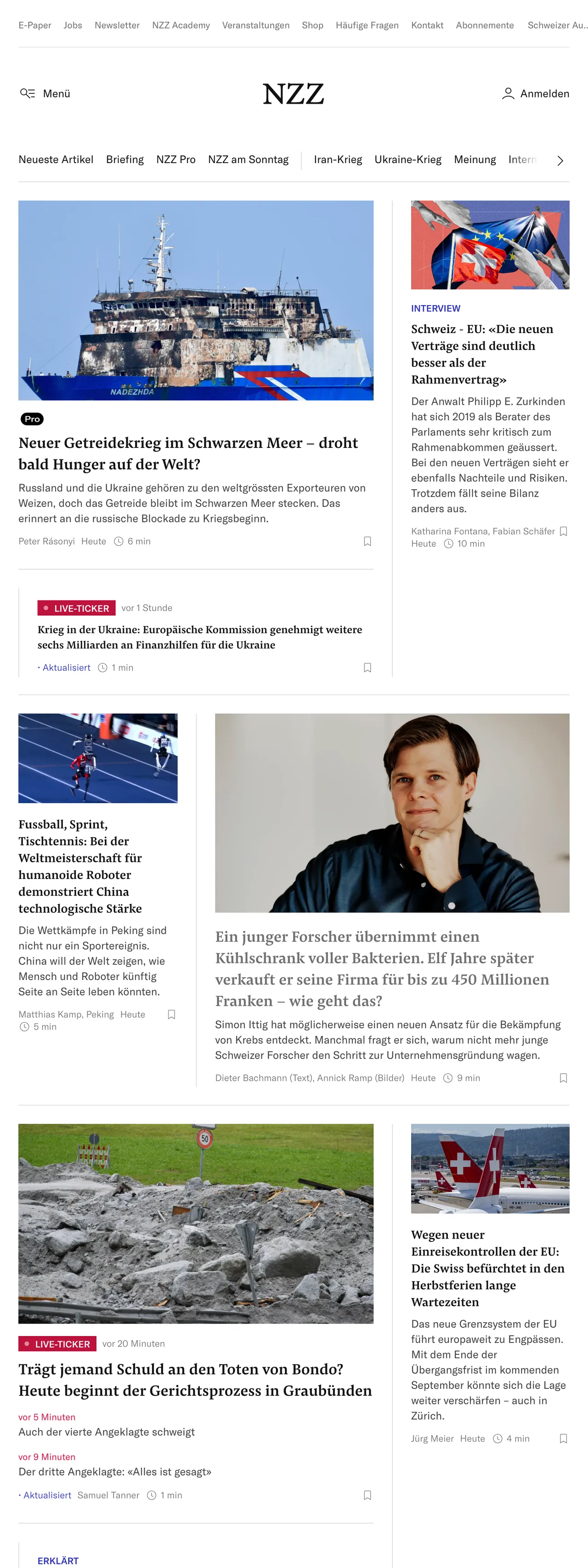Screenshot of the Neue Zürcher Zeitung front page