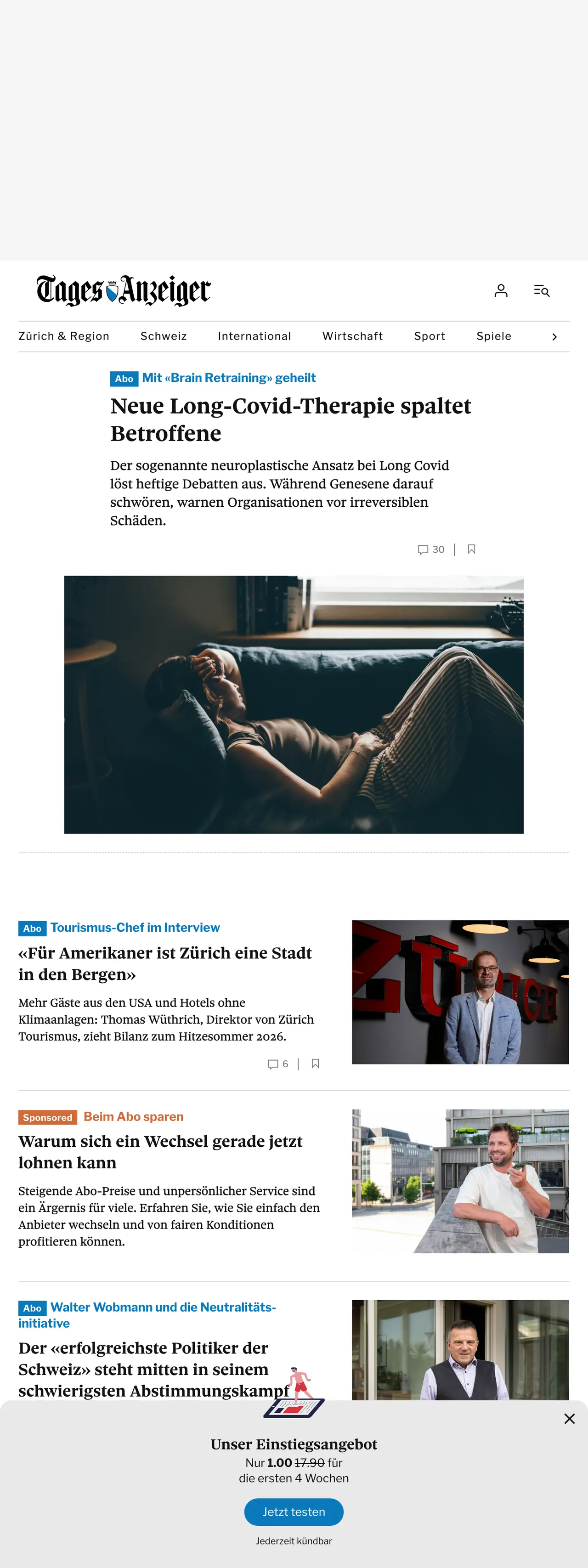 Screenshot of the Tages-Anzeiger front page