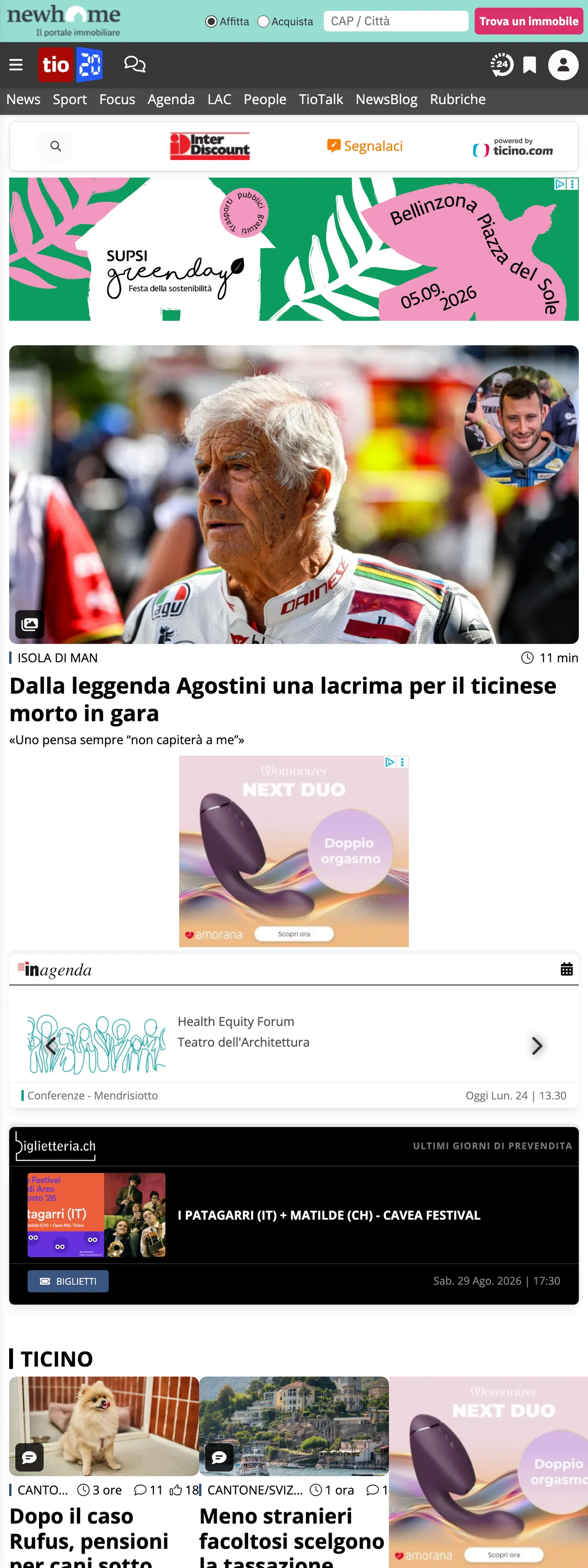 Screenshot of the Ticinonline front page