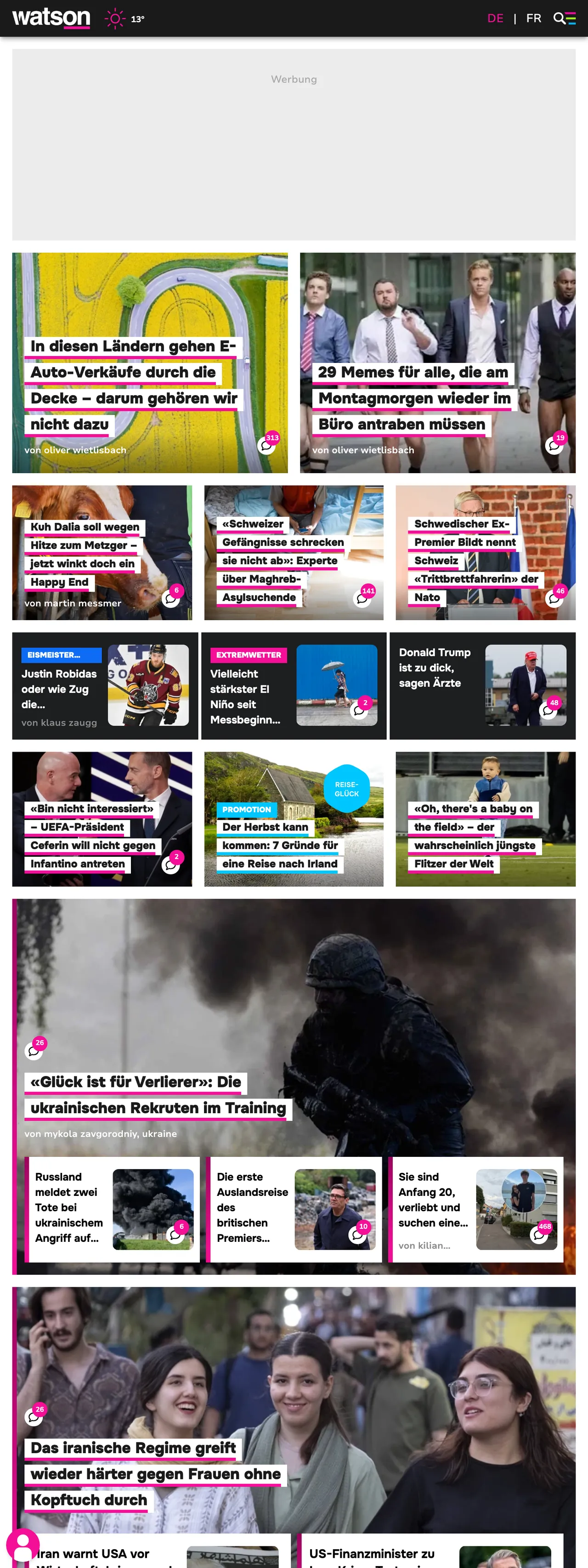 Screenshot of the watson front page