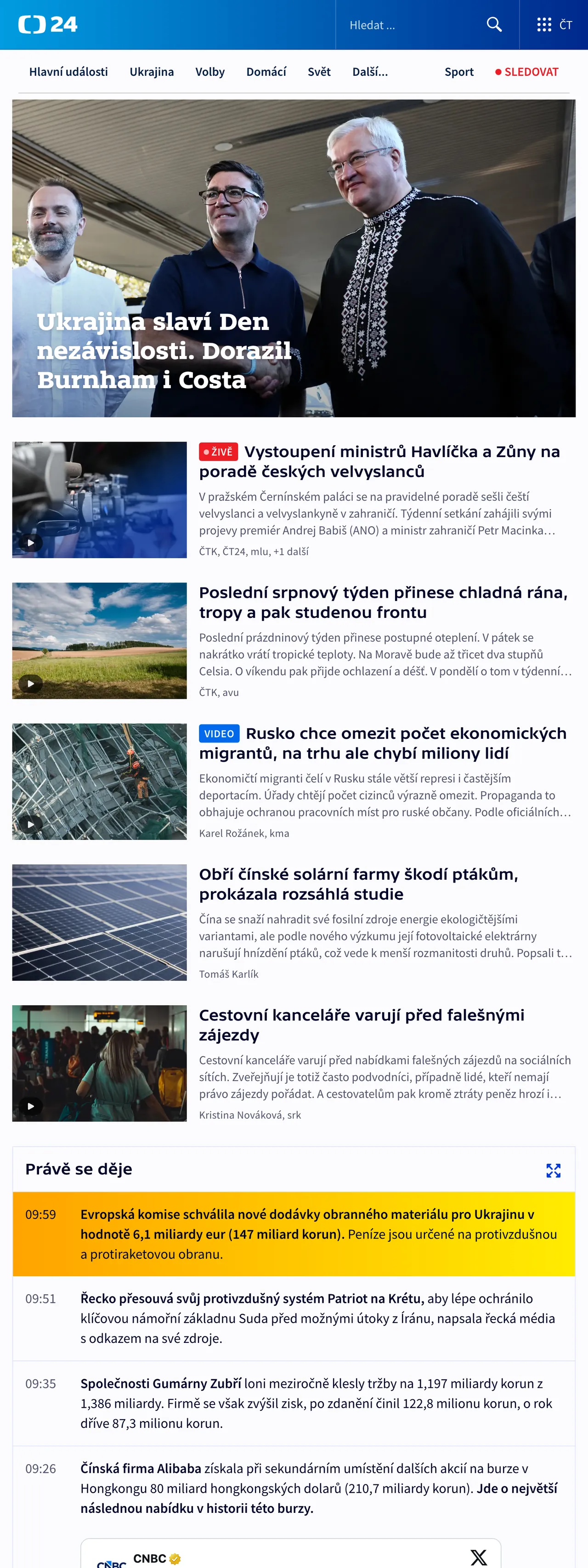 Screenshot of the ČT24 front page
