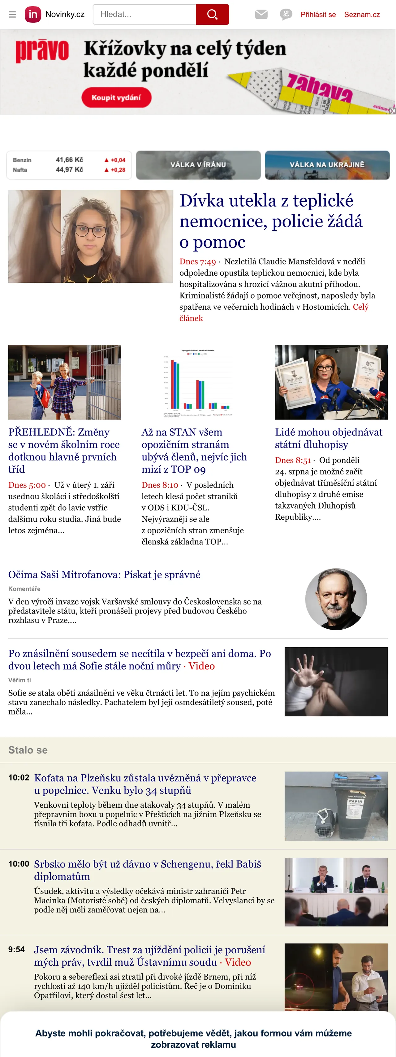 Screenshot of the Novinky.cz front page