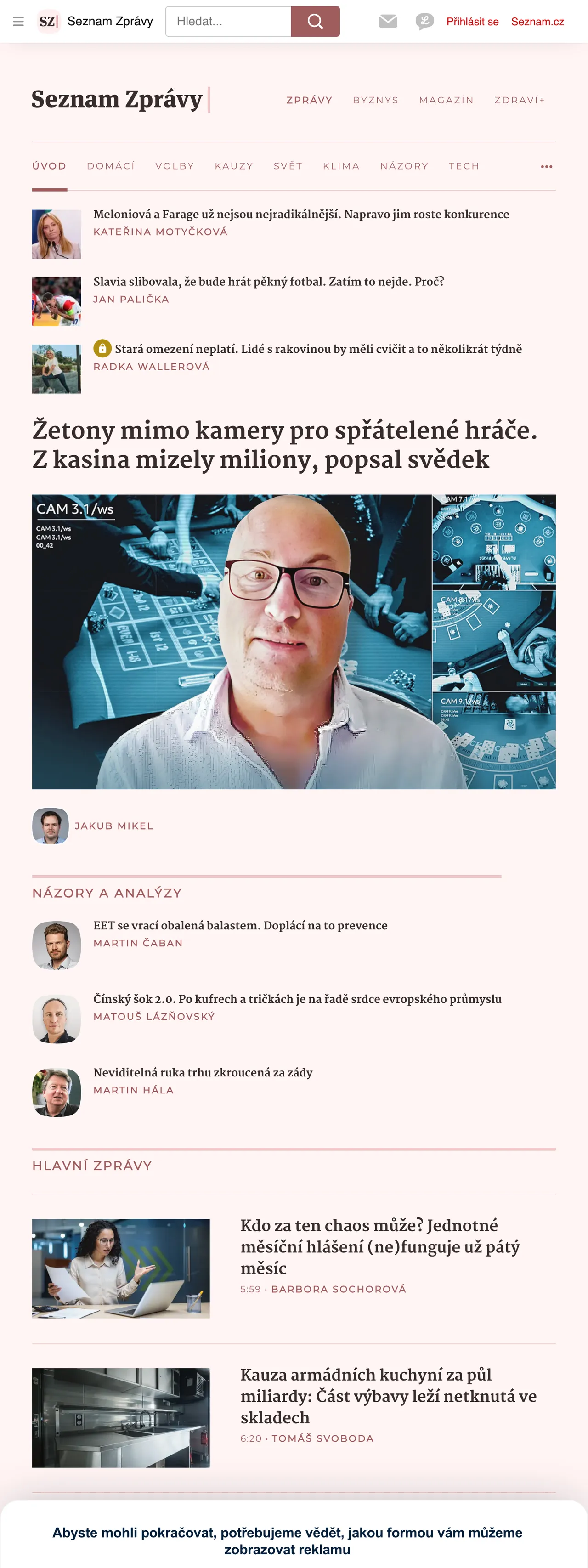 Screenshot of the Seznam Zprávy front page