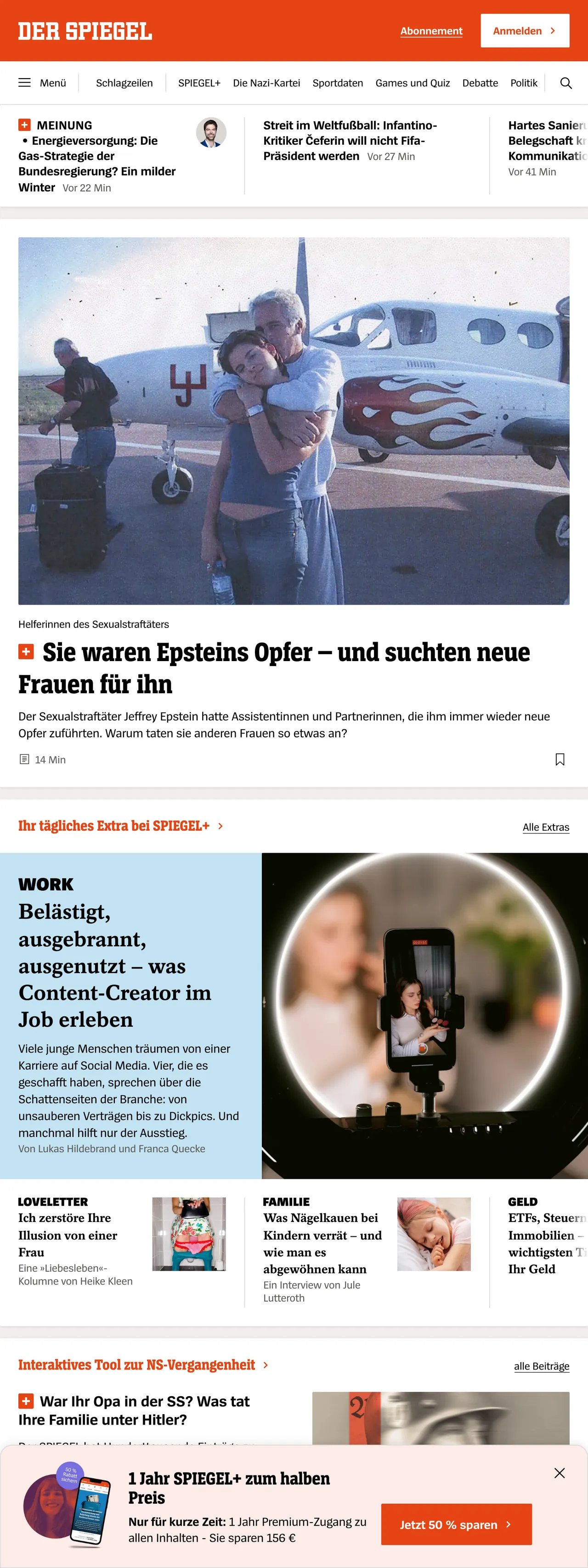 Screenshot of the DER SPIEGEL front page