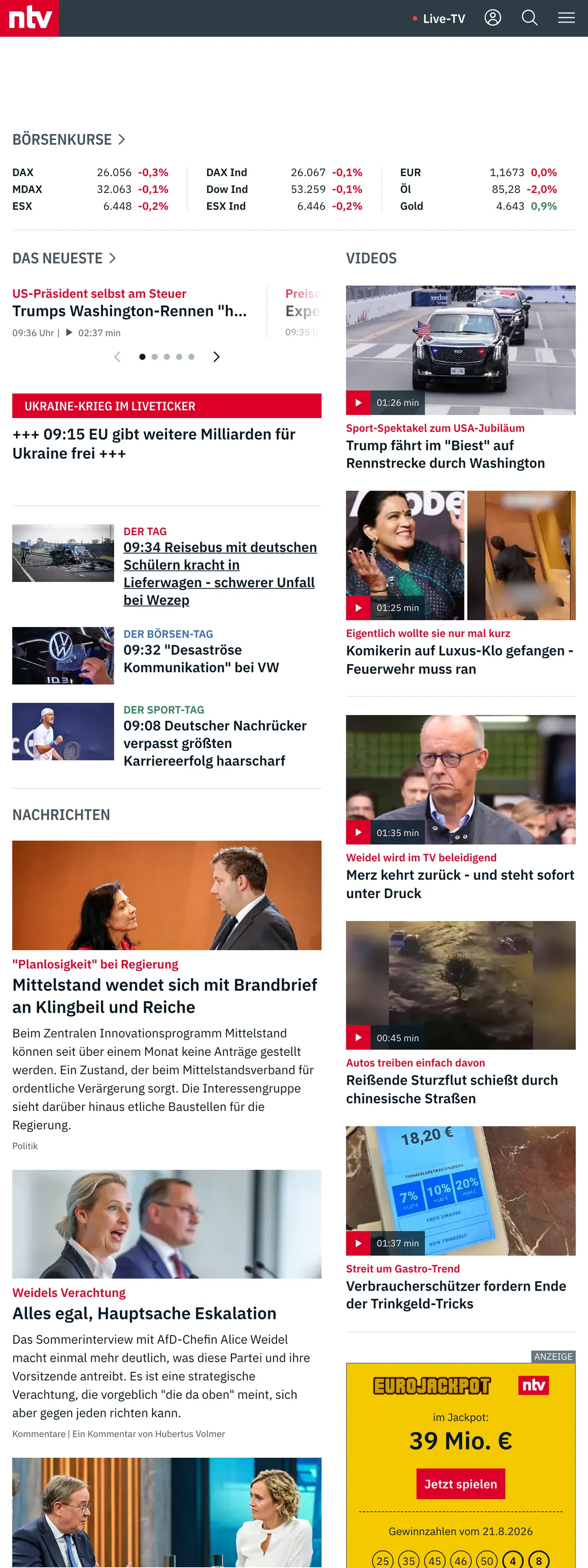 Screenshot of the n-tv front page
