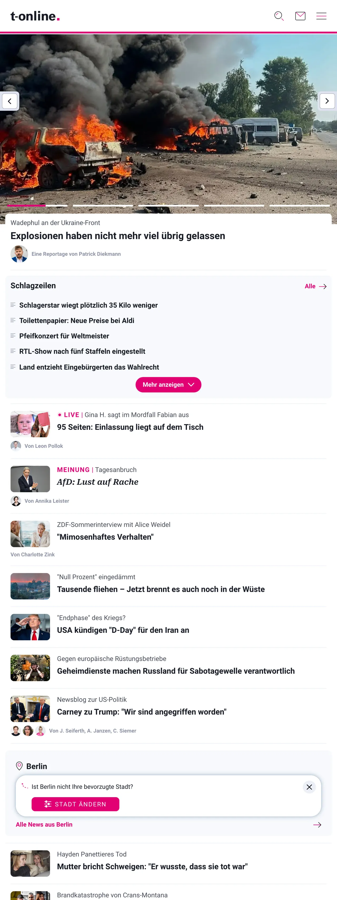 Screenshot of the t-online front page