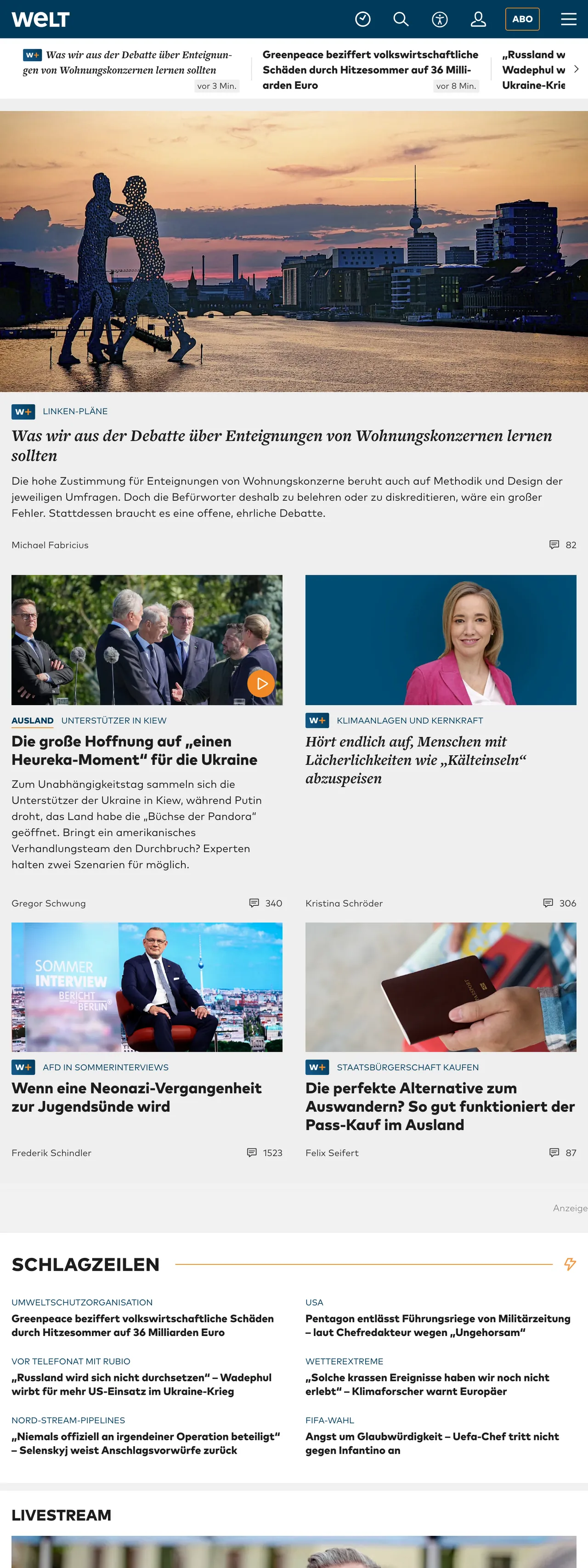 Screenshot of the WELT front page