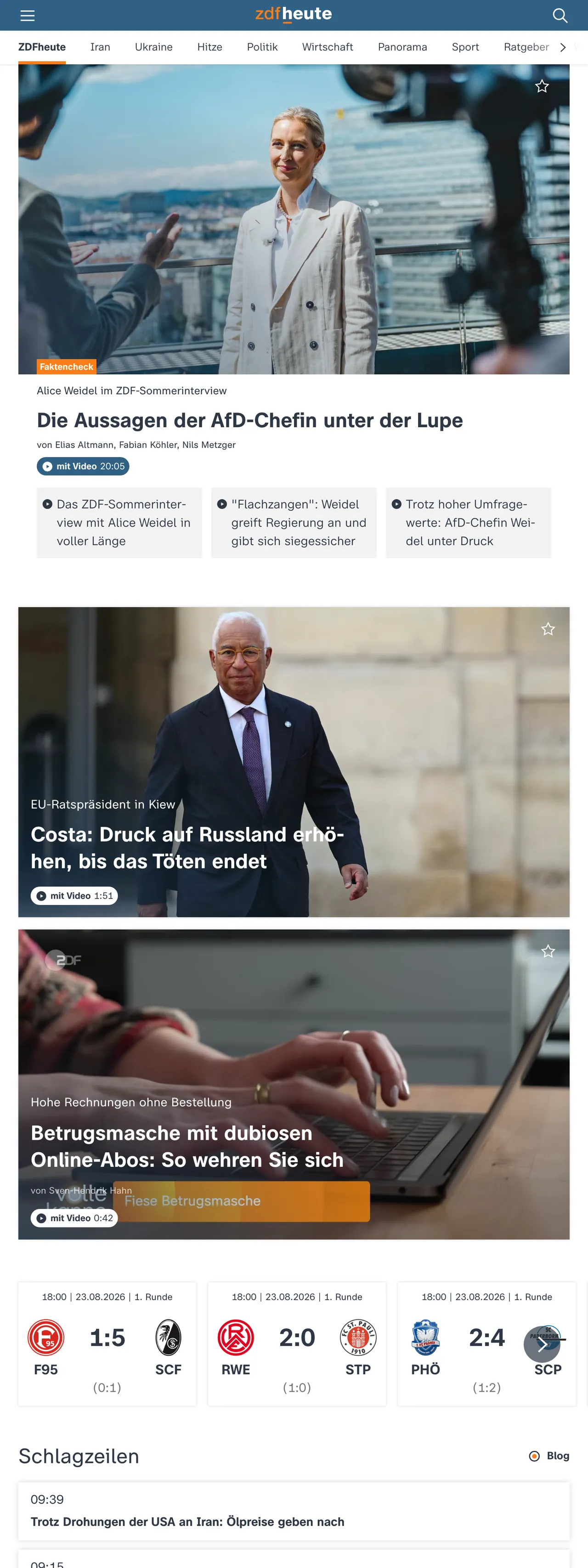 Screenshot of the ZDFheute front page