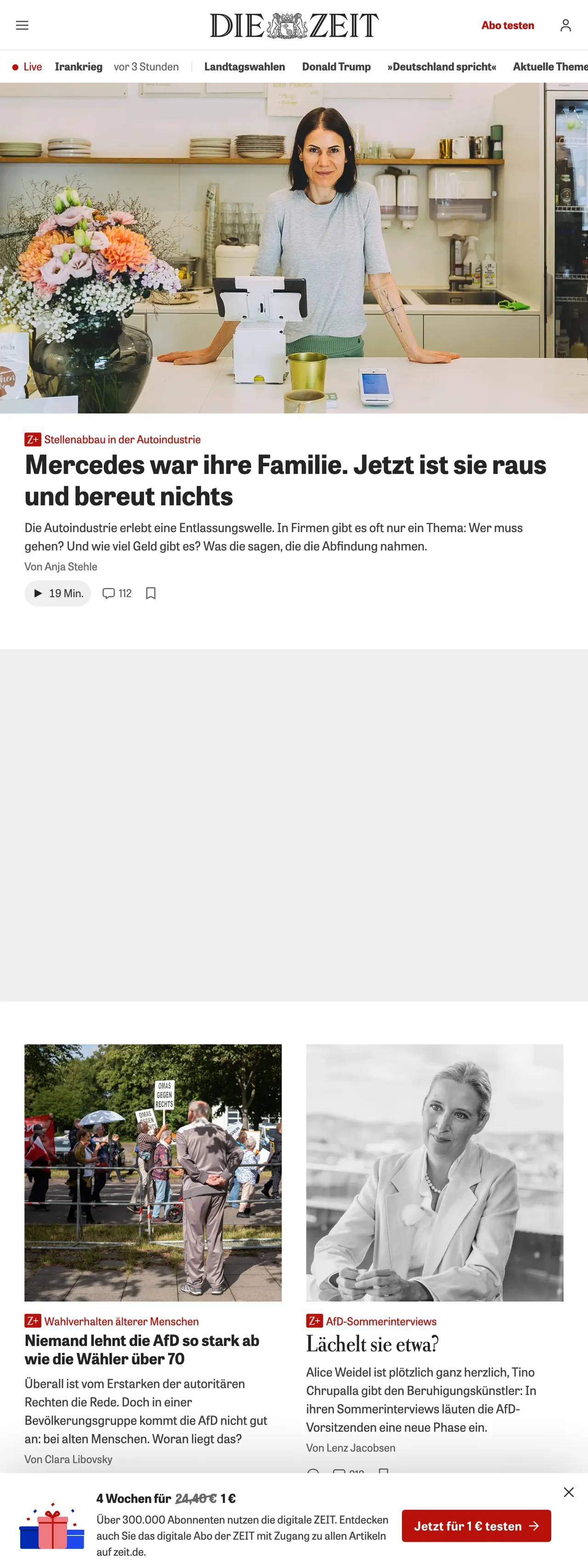 Screenshot of the ZEIT ONLINE front page