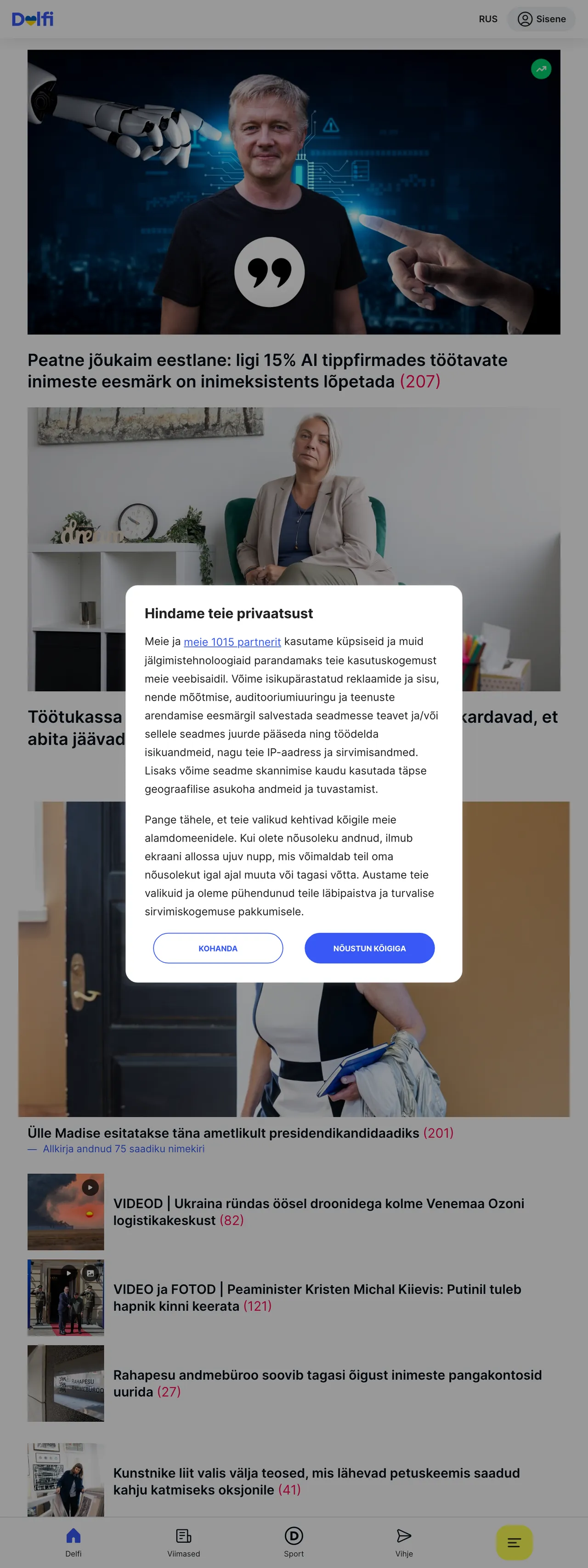 Screenshot of the Delfi front page