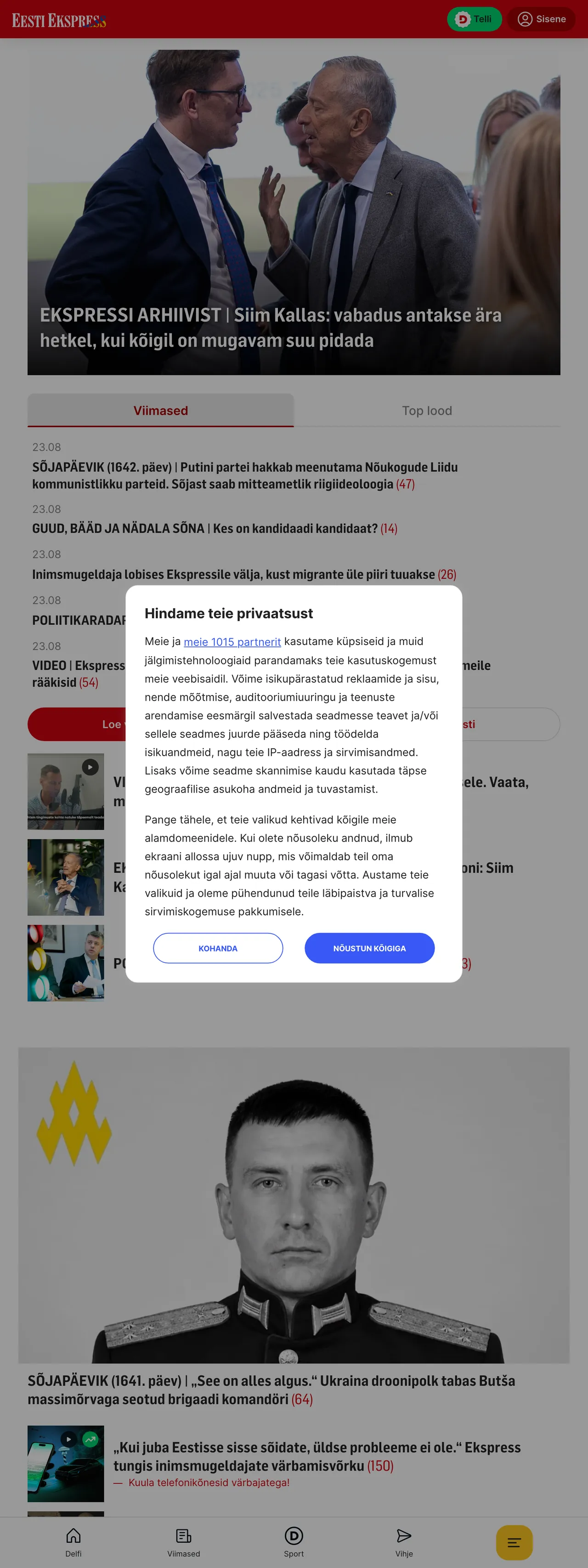 Screenshot of the Eesti Ekspress front page