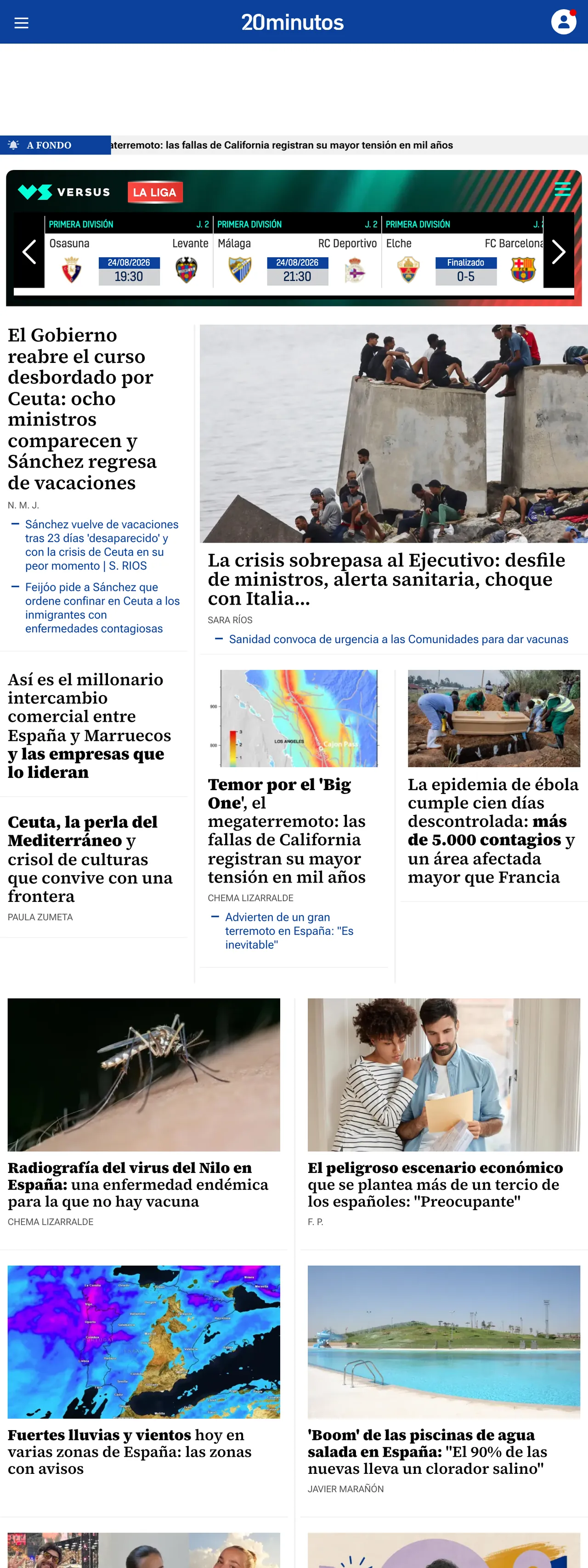 Screenshot of the 20minutos front page