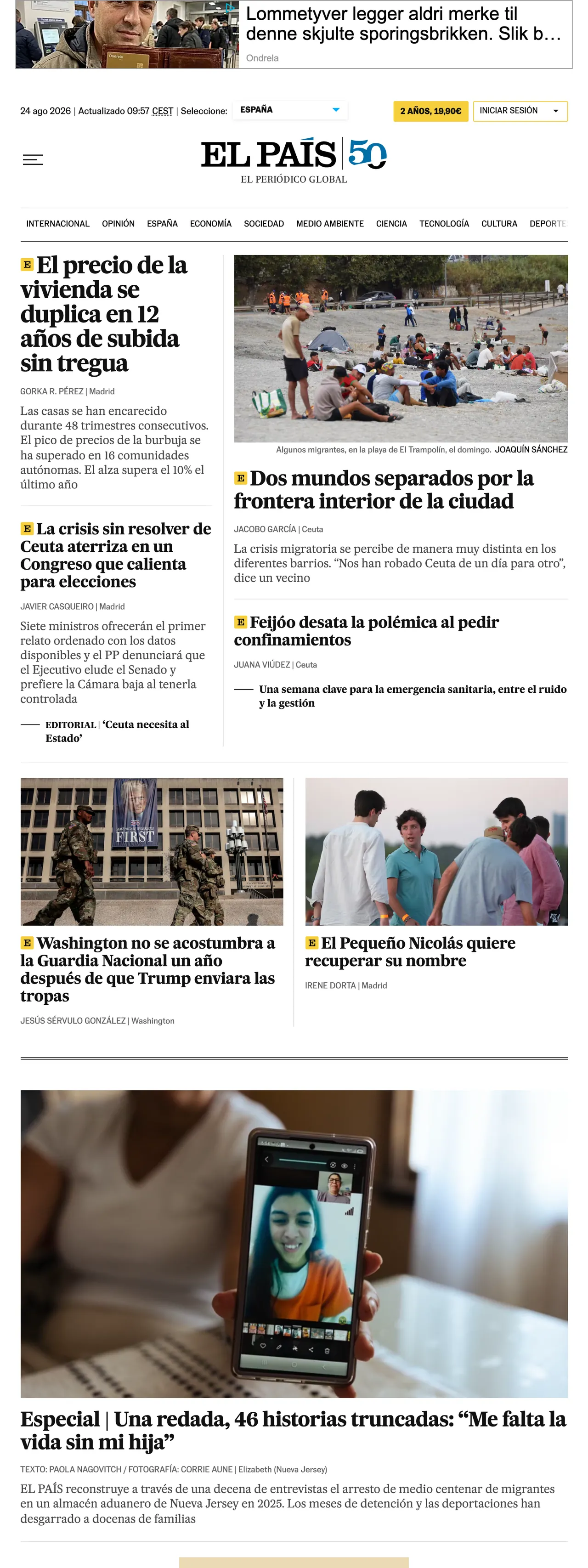 Screenshot of the EL PAÍS front page