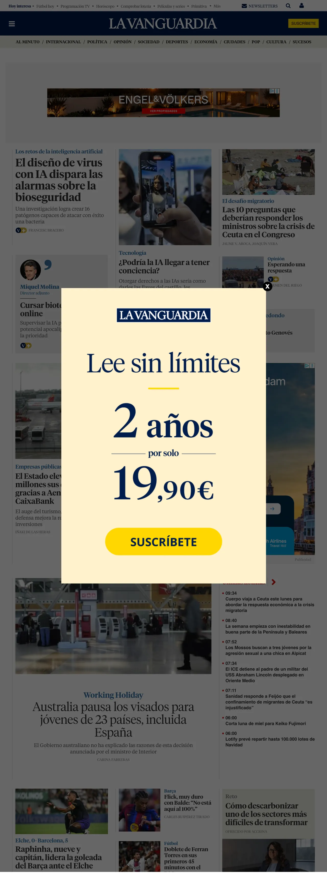 Screenshot of the La Vanguardia front page
