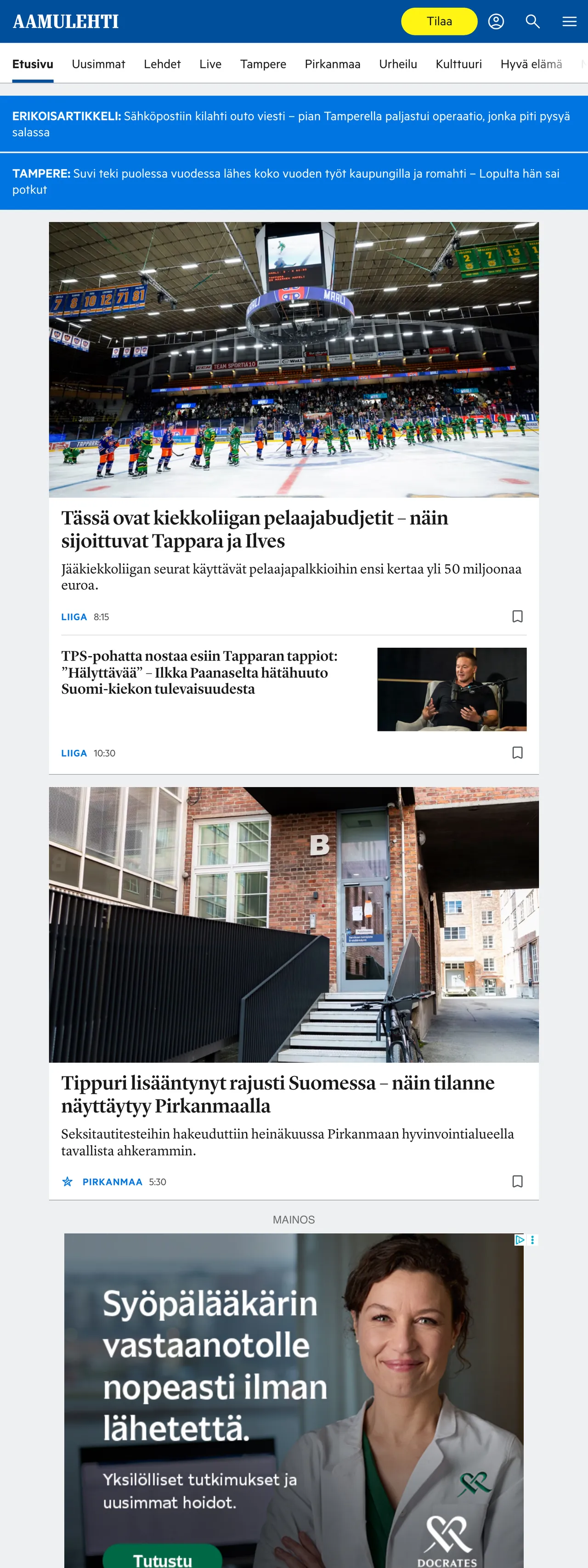 Screenshot of the Aamulehti front page