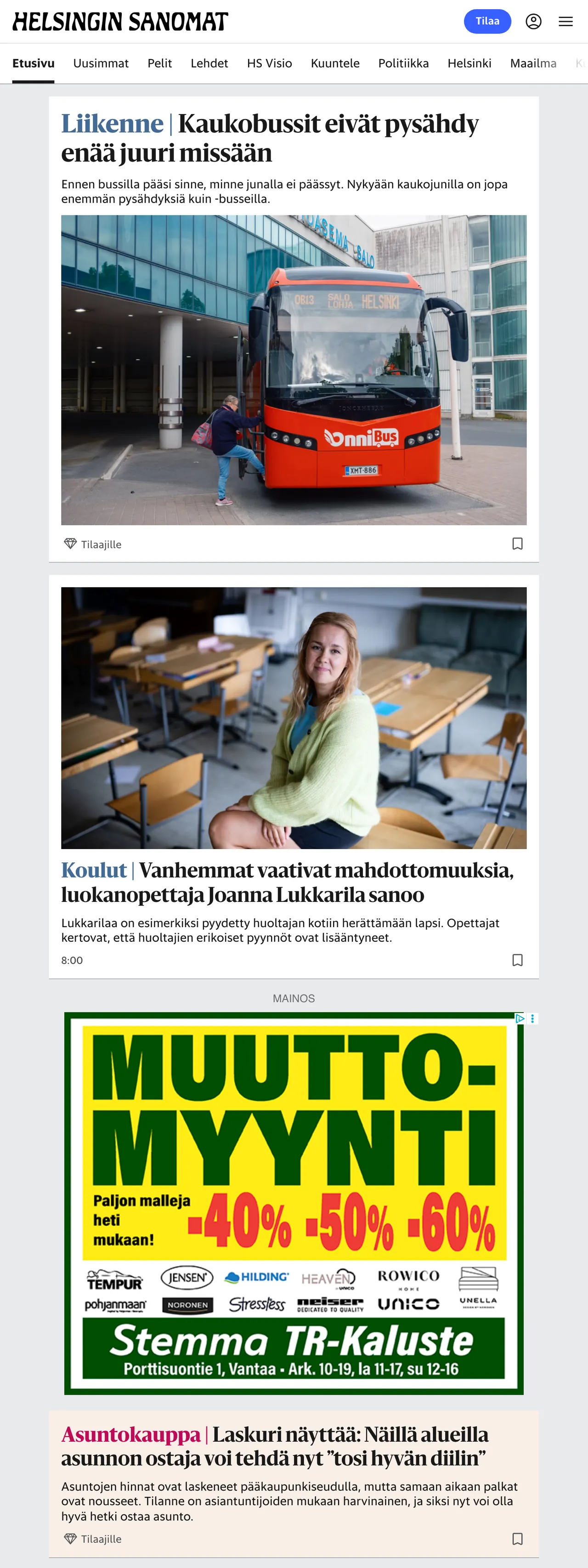 Screenshot of the Helsingin Sanomat front page
