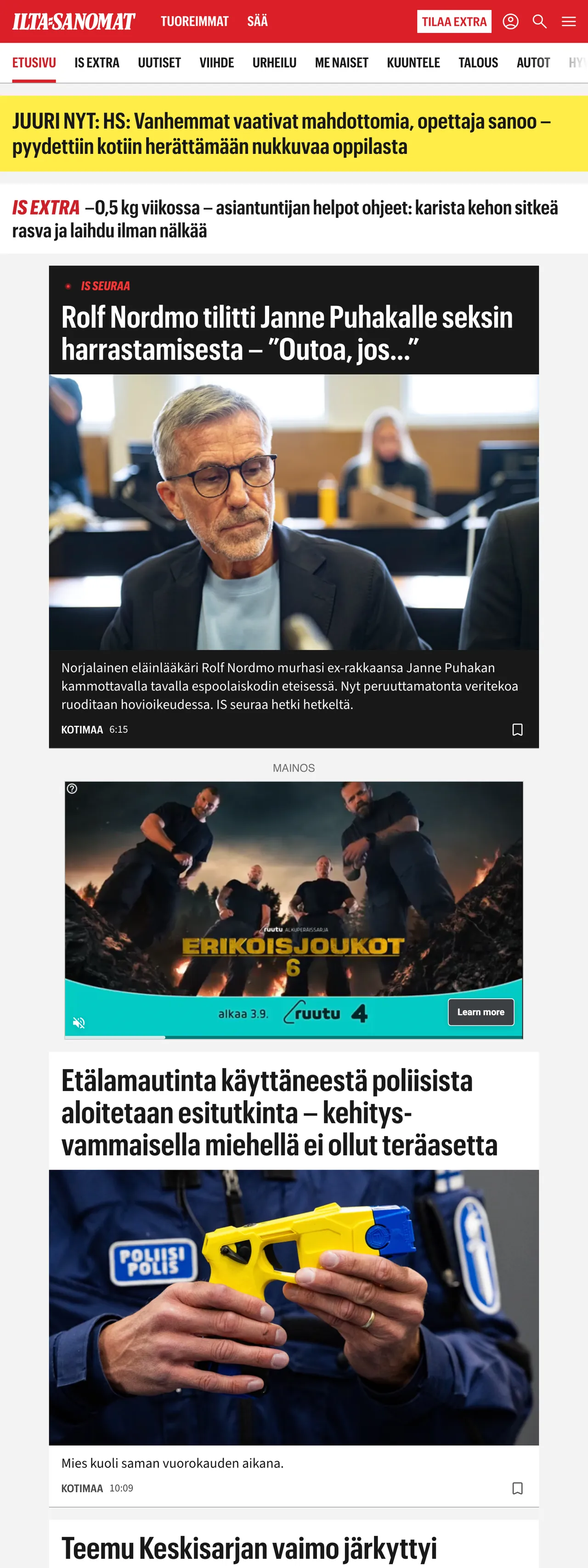 Screenshot of the Ilta-Sanomat front page