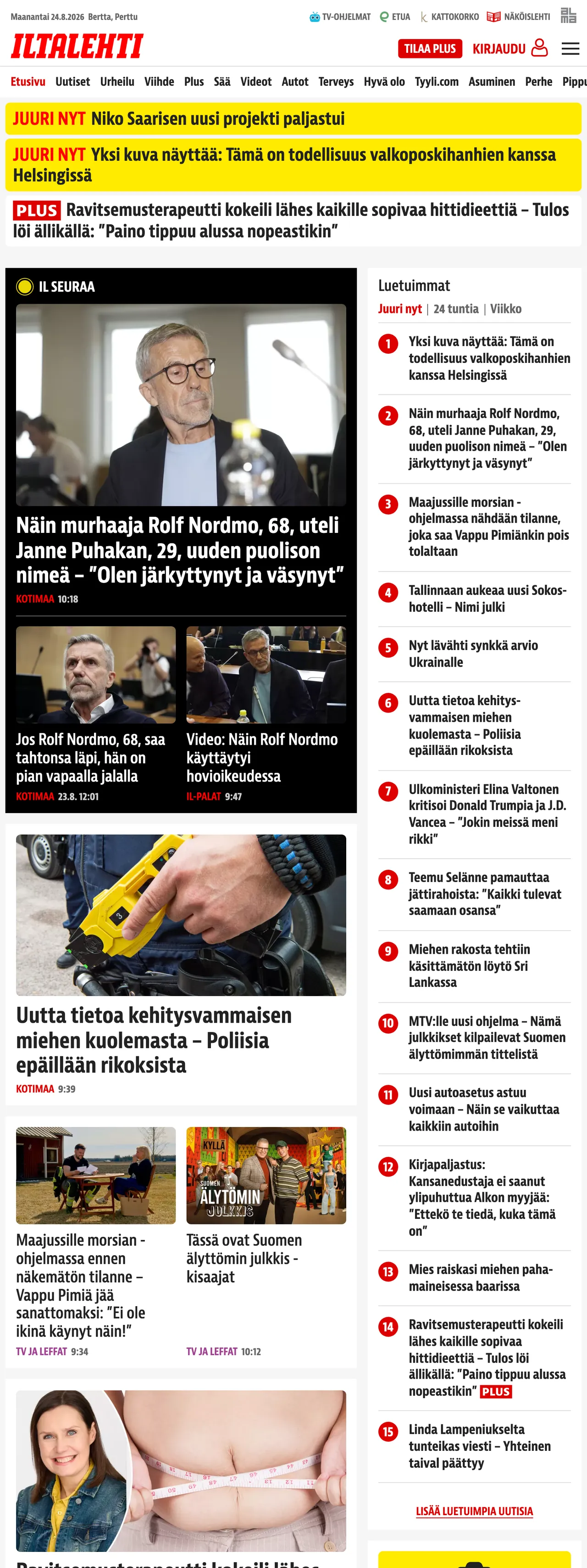 Screenshot of the Iltalehti front page