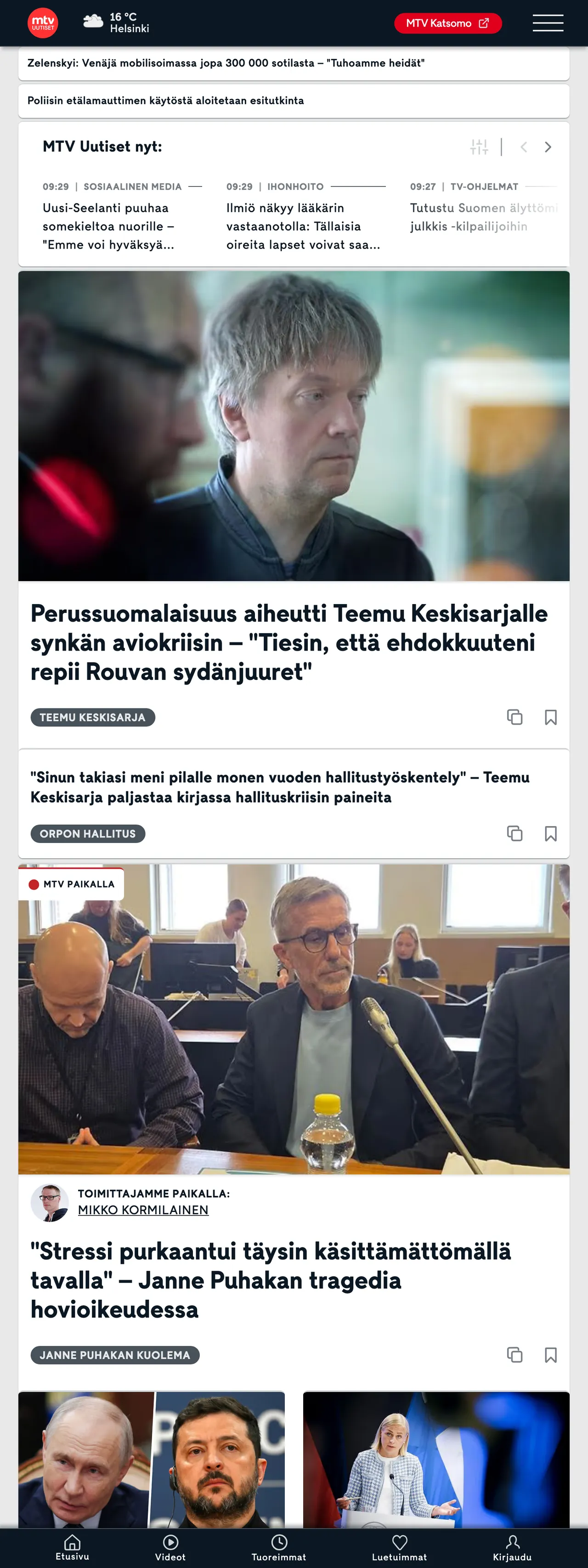 Screenshot of the MTV Uutiset front page